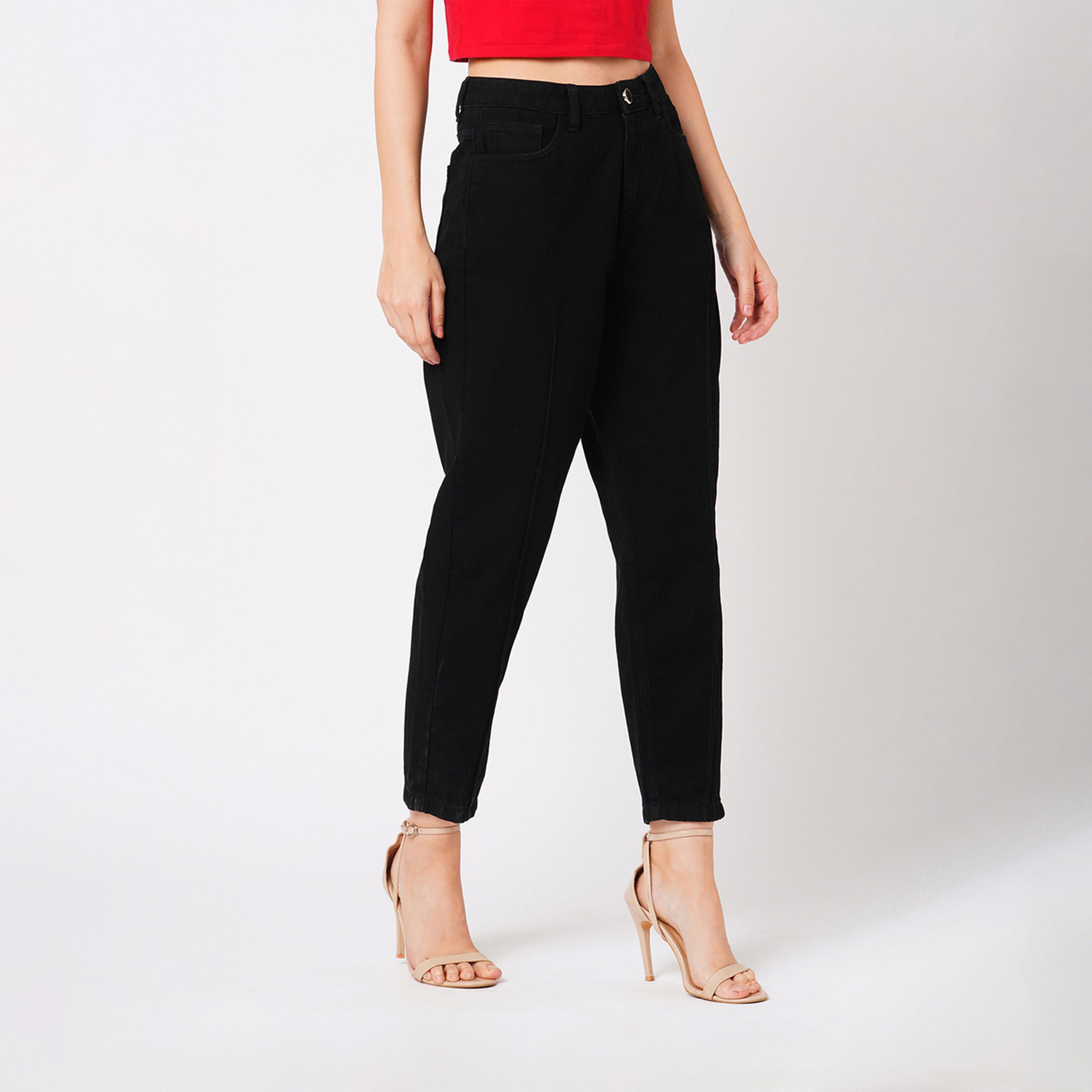 غلوبوس × ستايلي - بنطال جينز سادة بخصر مرتفع وقصة مريحة مع جيوب-women-clothing-bottoms-jeans-image-2