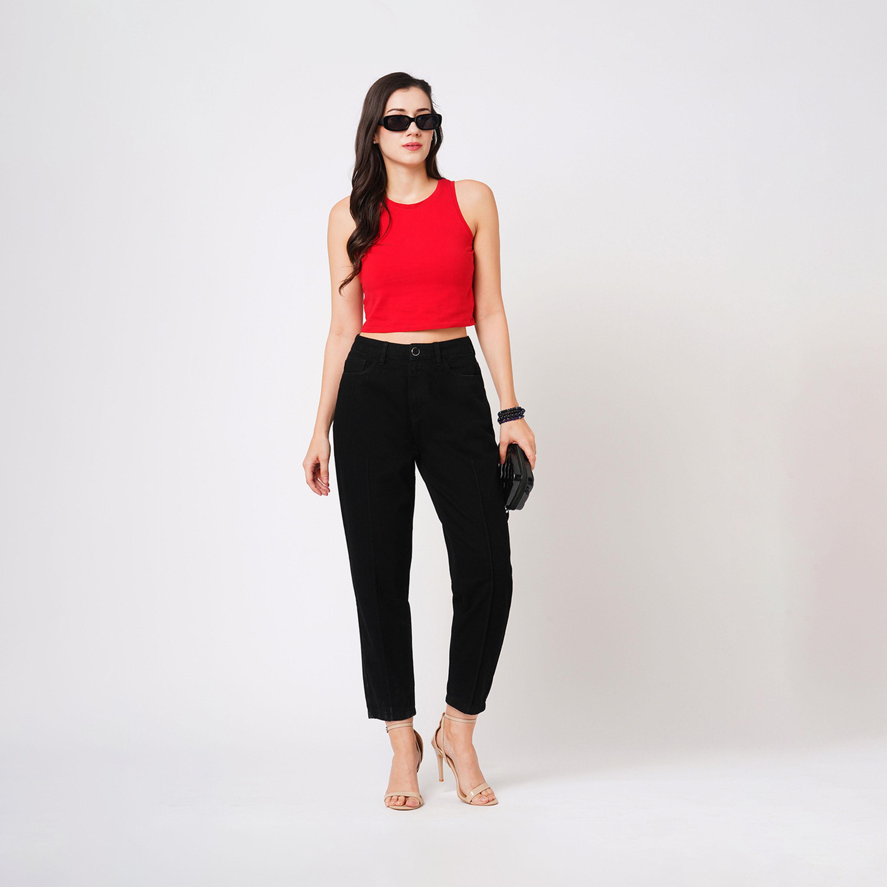 غلوبوس × ستايلي - بنطال جينز سادة بخصر مرتفع وقصة مريحة مع جيوب-women-clothing-bottoms-jeans-image-5