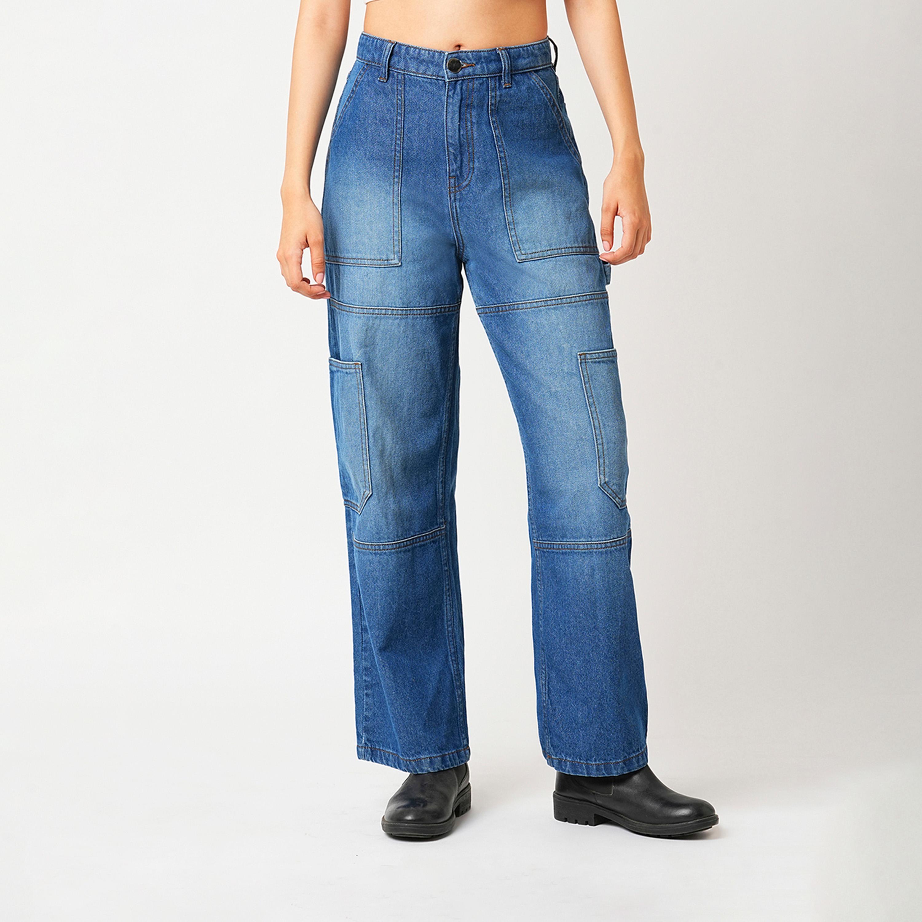 غلوبوس × ستايلي - بنطال جينز كارغو باهت بخصر مرتفع وقصة مستقيمة-women-clothing-bottoms-jeans-image-1