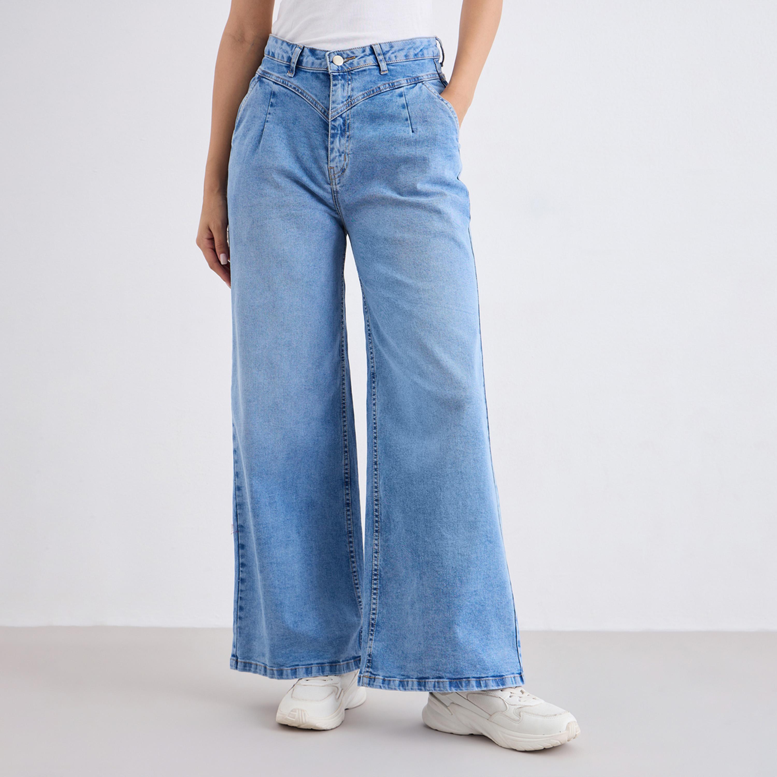 ستايلي - بنطال جينز واسع الساق بخصر مرتفع مع حزام خصر مطوي-women-clothing-bottoms-jeans-image-1