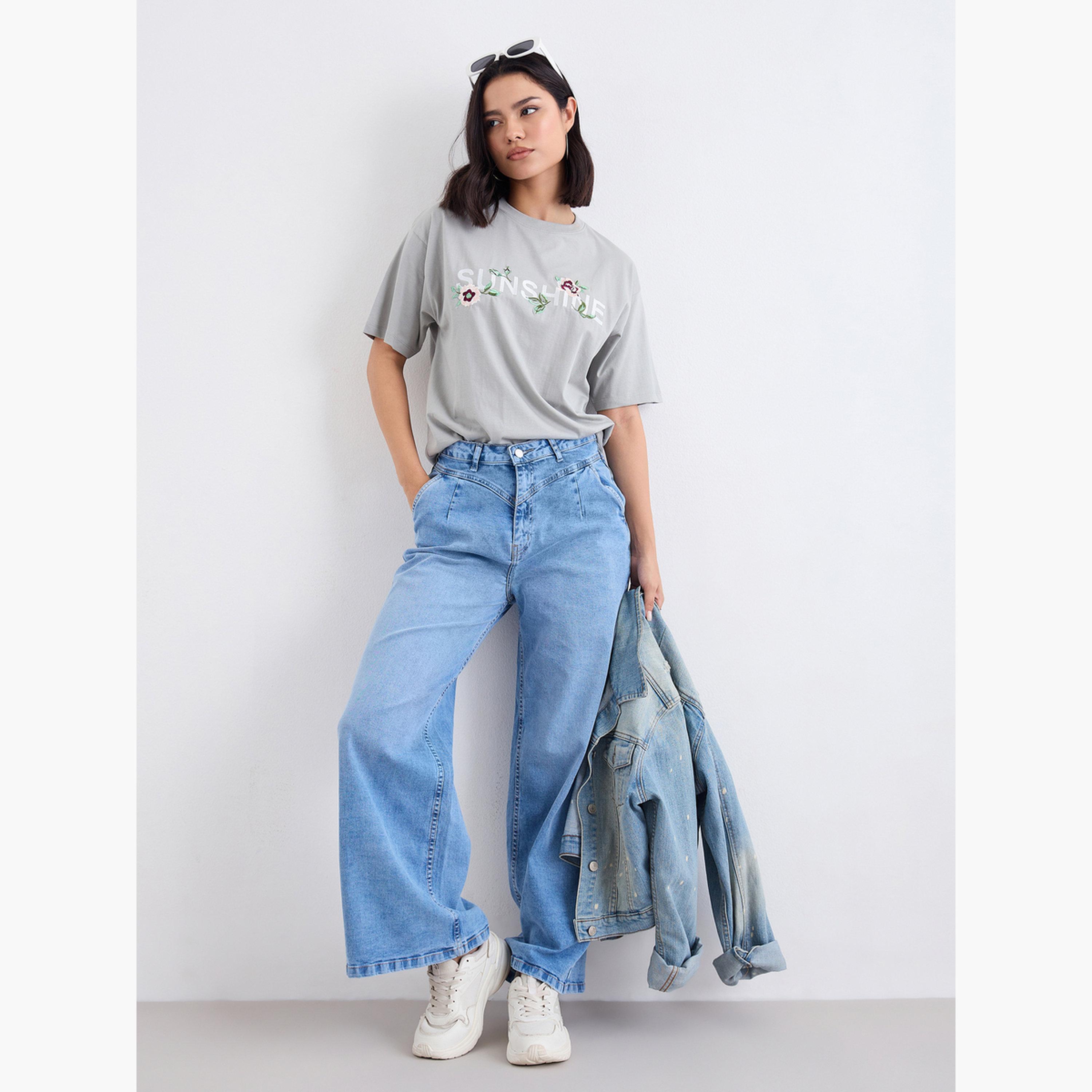 ستايلي - بنطال جينز واسع الساق بخصر مرتفع مع حزام خصر مطوي-women-clothing-bottoms-jeans-image-2