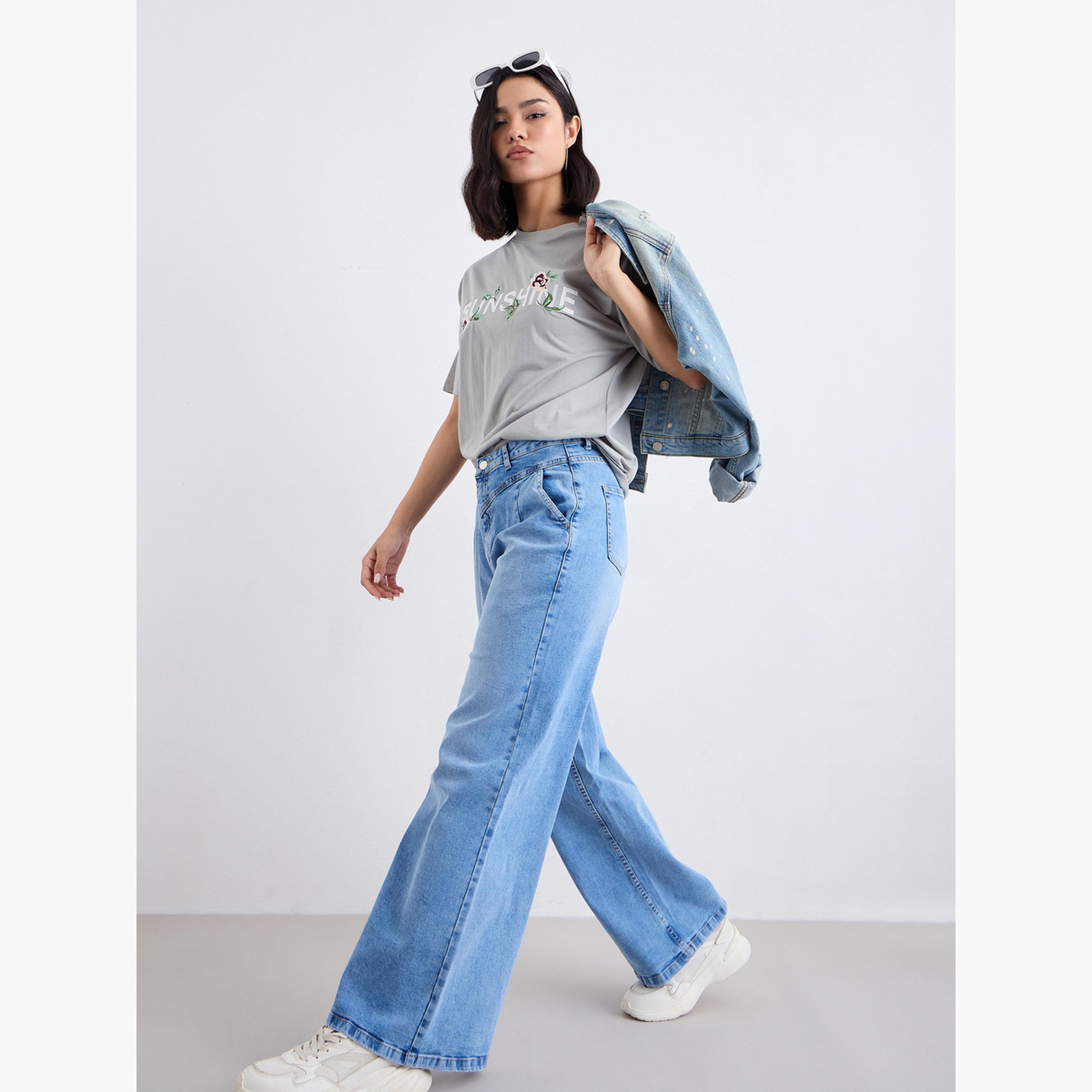 ستايلي - بنطال جينز واسع الساق بخصر مرتفع مع حزام خصر مطوي-women-clothing-bottoms-jeans-image-3