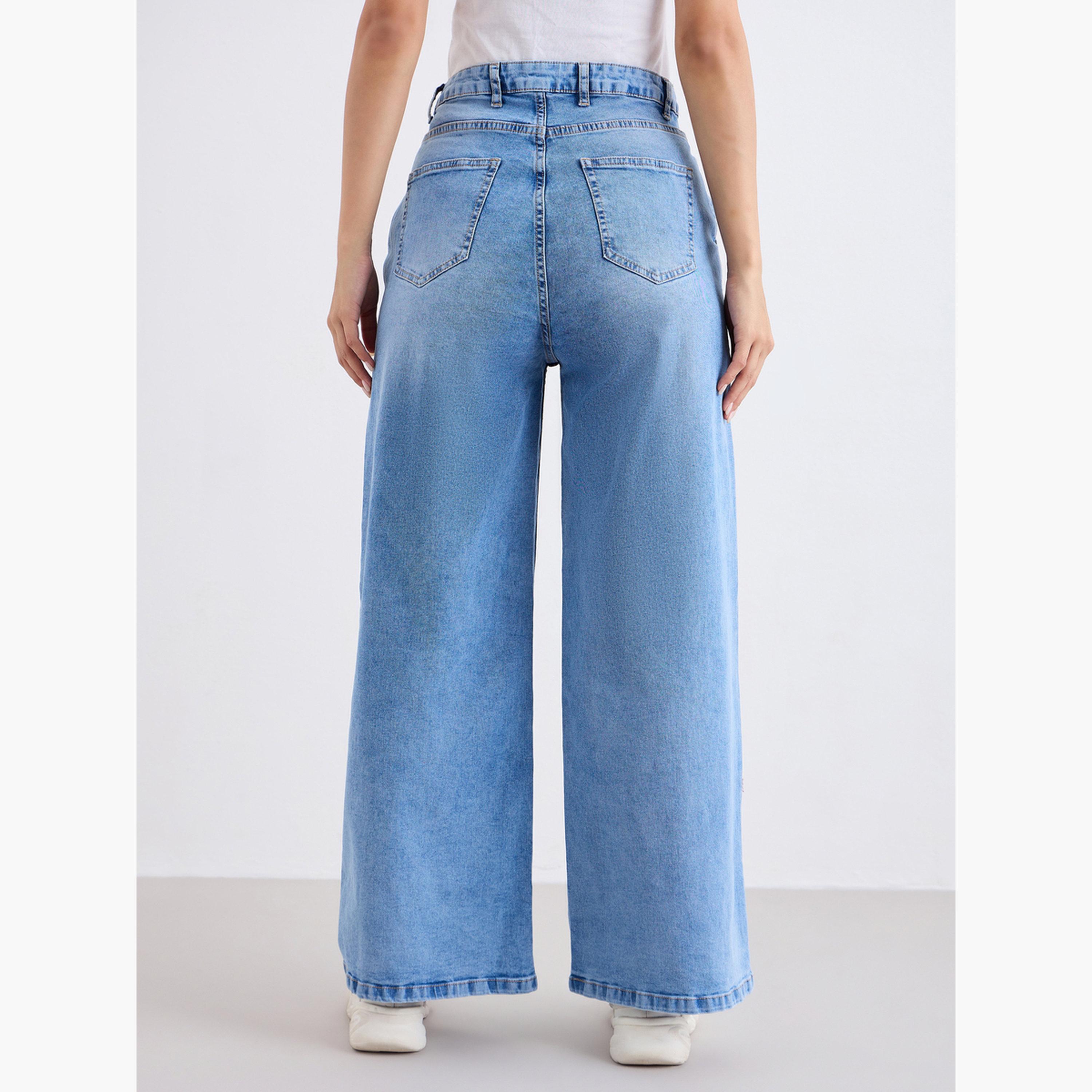 ستايلي - بنطال جينز واسع الساق بخصر مرتفع مع حزام خصر مطوي-women-clothing-bottoms-jeans-image-4