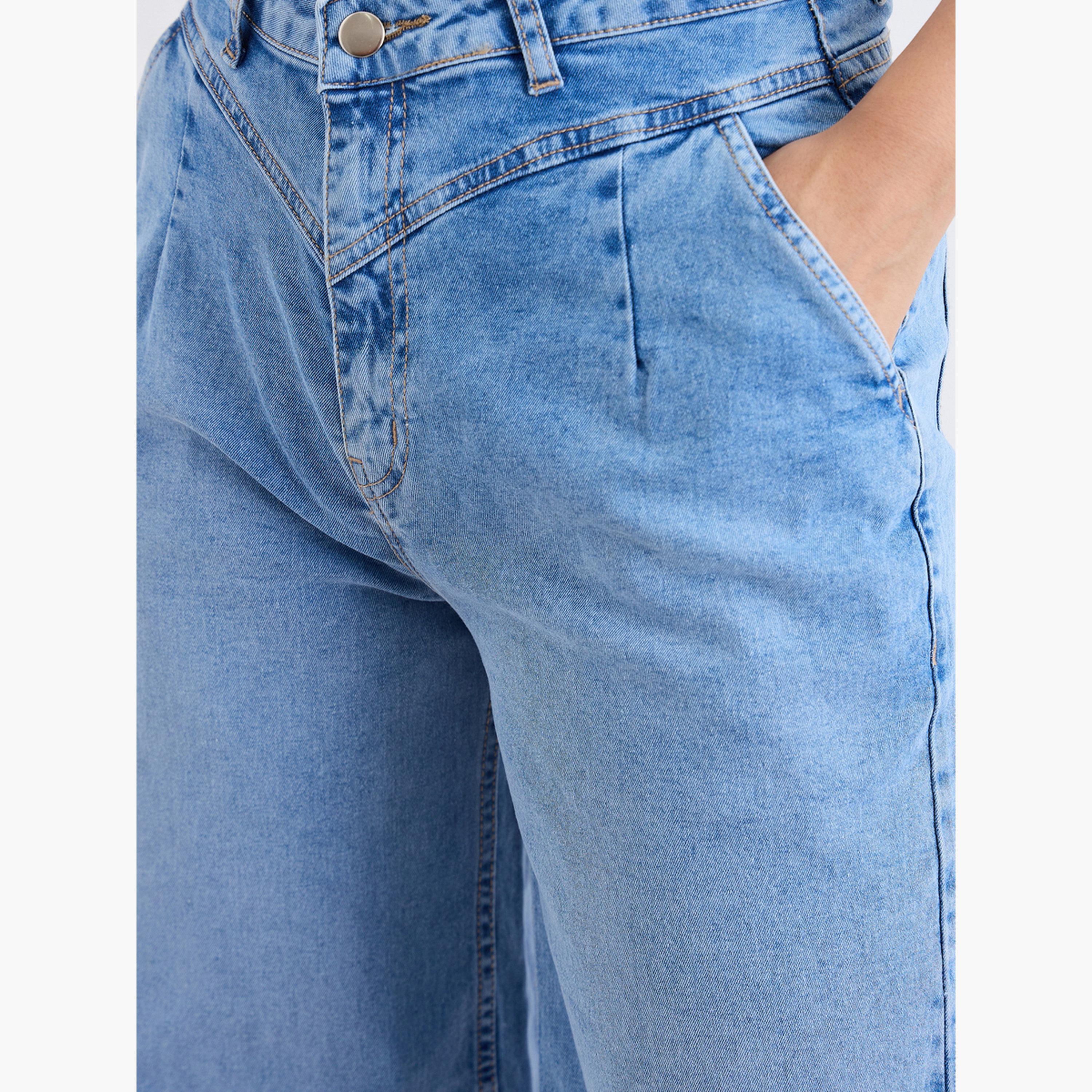 ستايلي - بنطال جينز واسع الساق بخصر مرتفع مع حزام خصر مطوي-women-clothing-bottoms-jeans-image-5