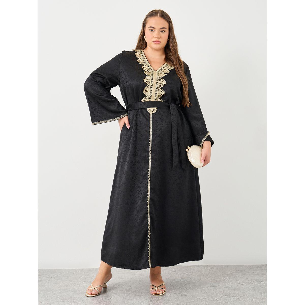Styli Plus Jacquard Jalabiya with Tie Belt-women-arabicclothing-jalabiyas-image-1