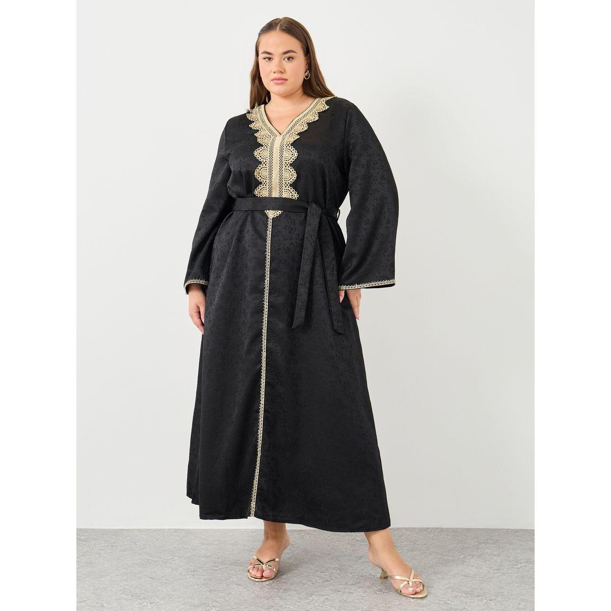 Styli Plus Jacquard Jalabiya with Tie Belt-women-arabicclothing-jalabiyas-image-2