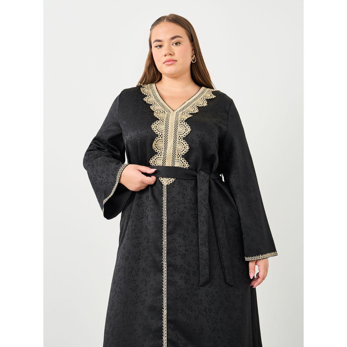 Styli Plus Jacquard Jalabiya with Tie Belt-women-arabicclothing-jalabiyas-image-3