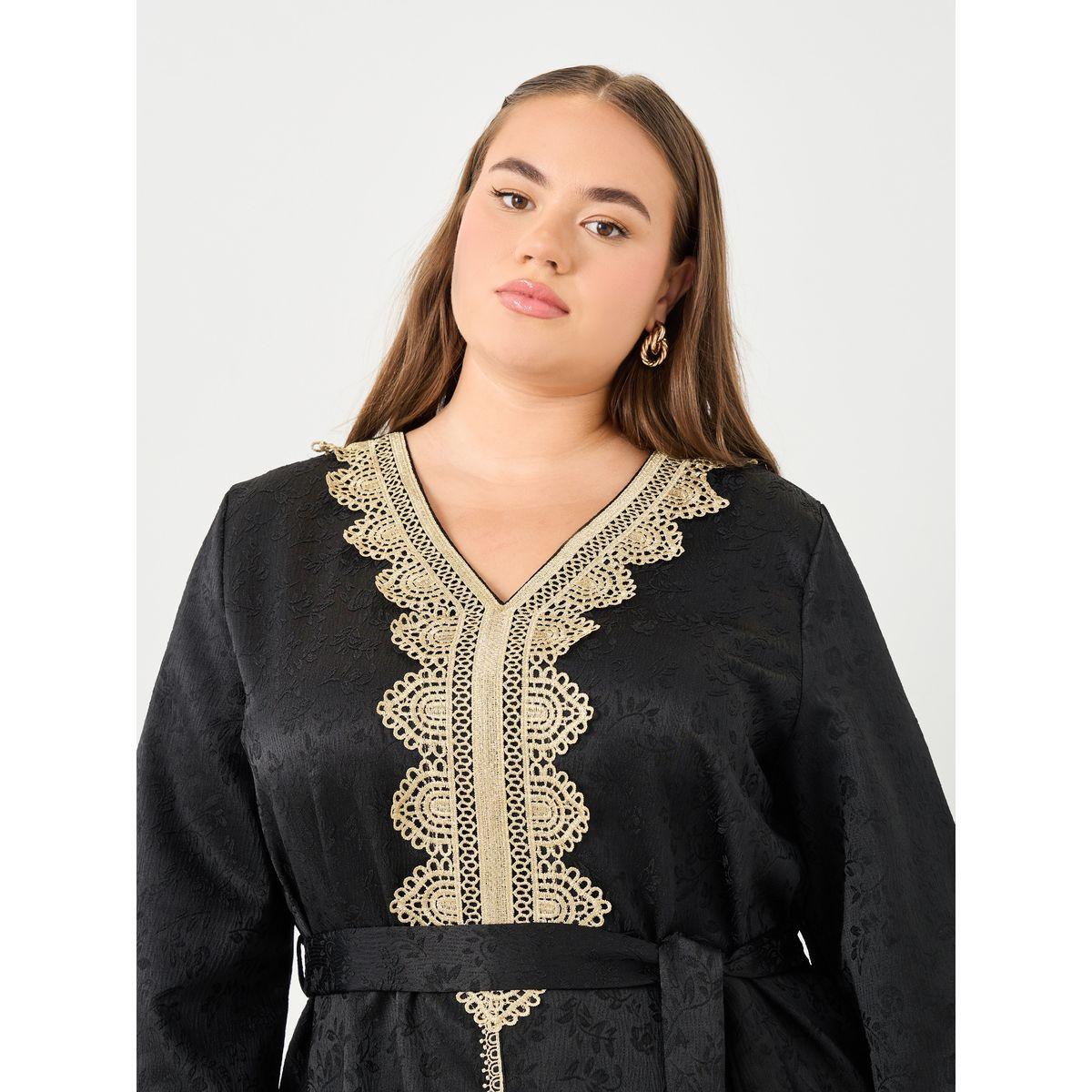 Styli Plus Jacquard Jalabiya with Tie Belt-women-arabicclothing-jalabiyas-image-4