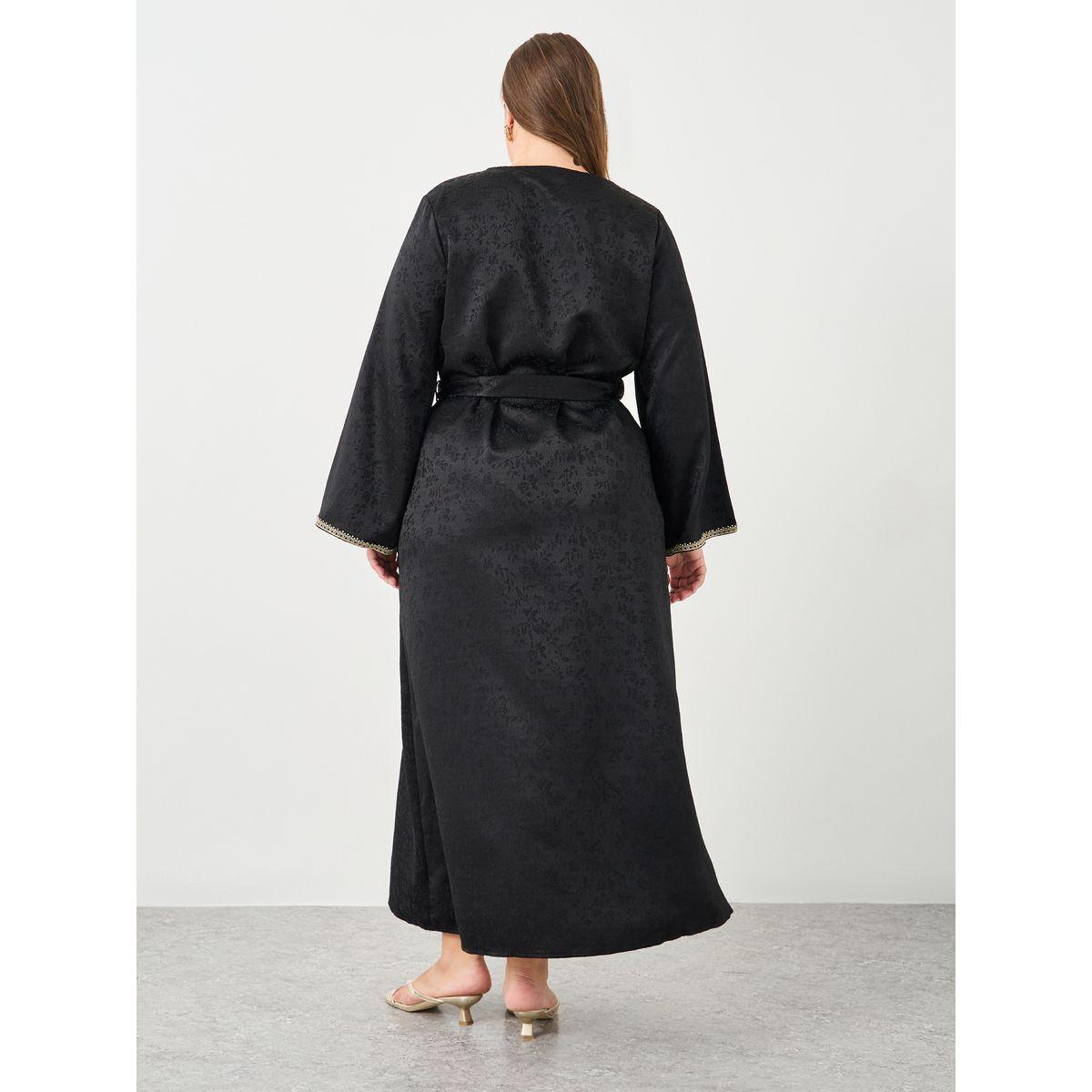 Styli Plus Jacquard Jalabiya with Tie Belt-women-arabicclothing-jalabiyas-image-5