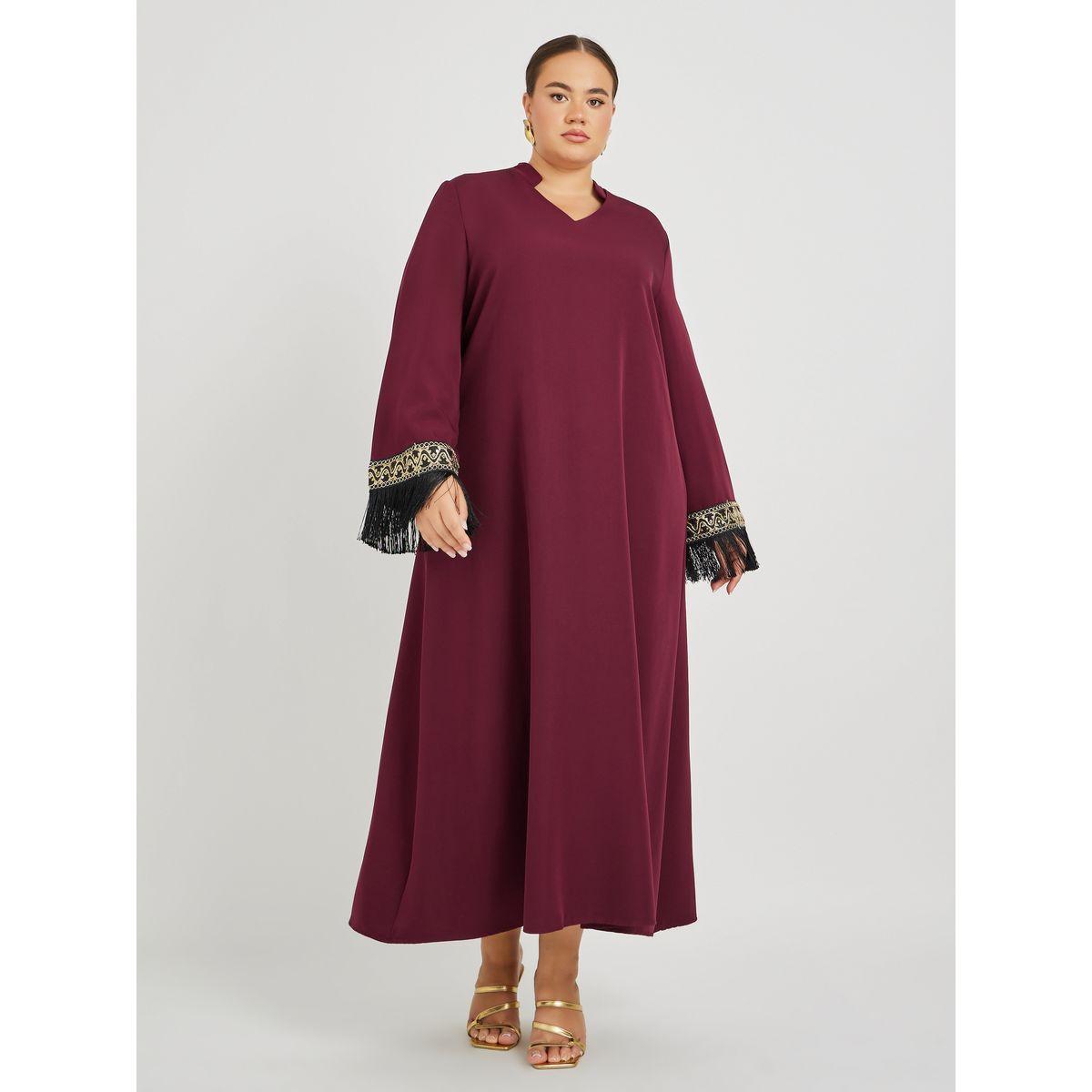 Styli Plus Size Solid Collared Jalabiya with Lace and Tassel Detail-women-arabicclothing-jalabiyas-image-2