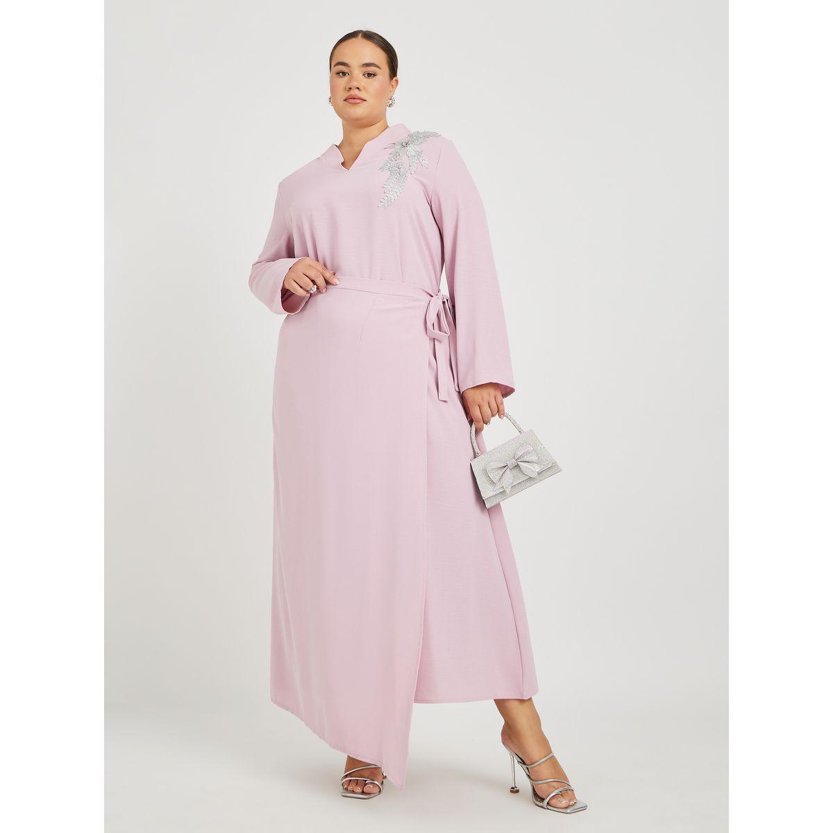 Styli Plus Size Solid Collared Wrap Look Jalabiya with Lace Patch Detail-women-arabicclothing-jalabiyas-image-1
