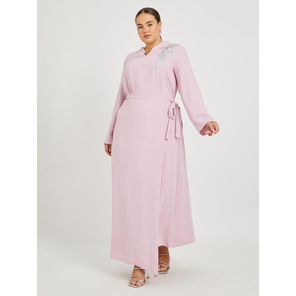Styli Plus Size Solid Collared Wrap Look Jalabiya with Lace Patch Detail-women-arabicclothing-jalabiyas-image-2