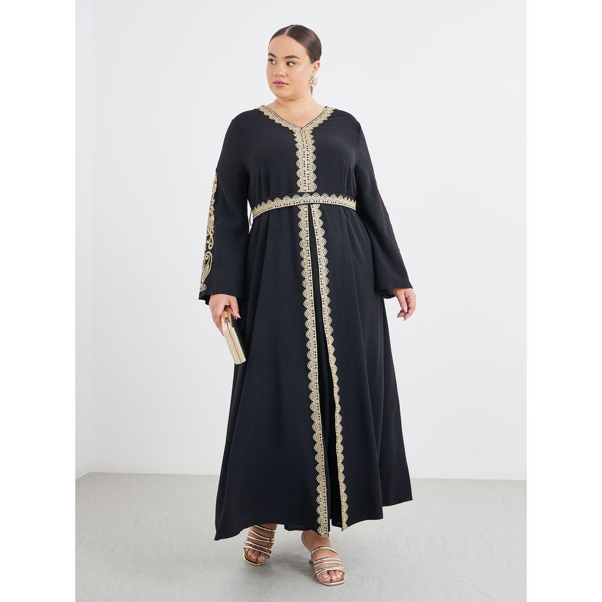 Styli Plus Black Kaftan with Lace Trim-women-arabicclothing-kaftan-image-1
