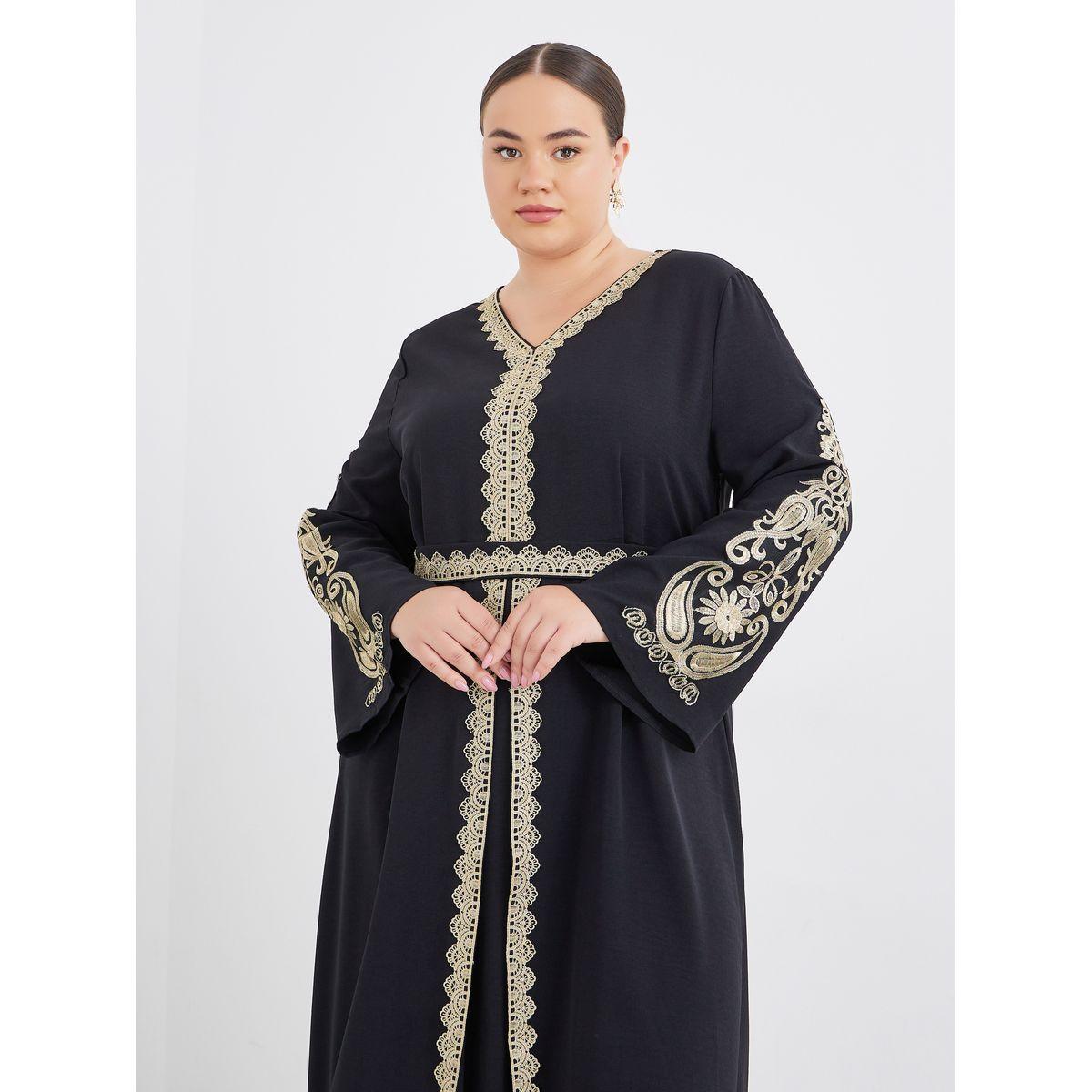 Styli Plus Black Kaftan with Lace Trim-women-arabicclothing-kaftan-image-2