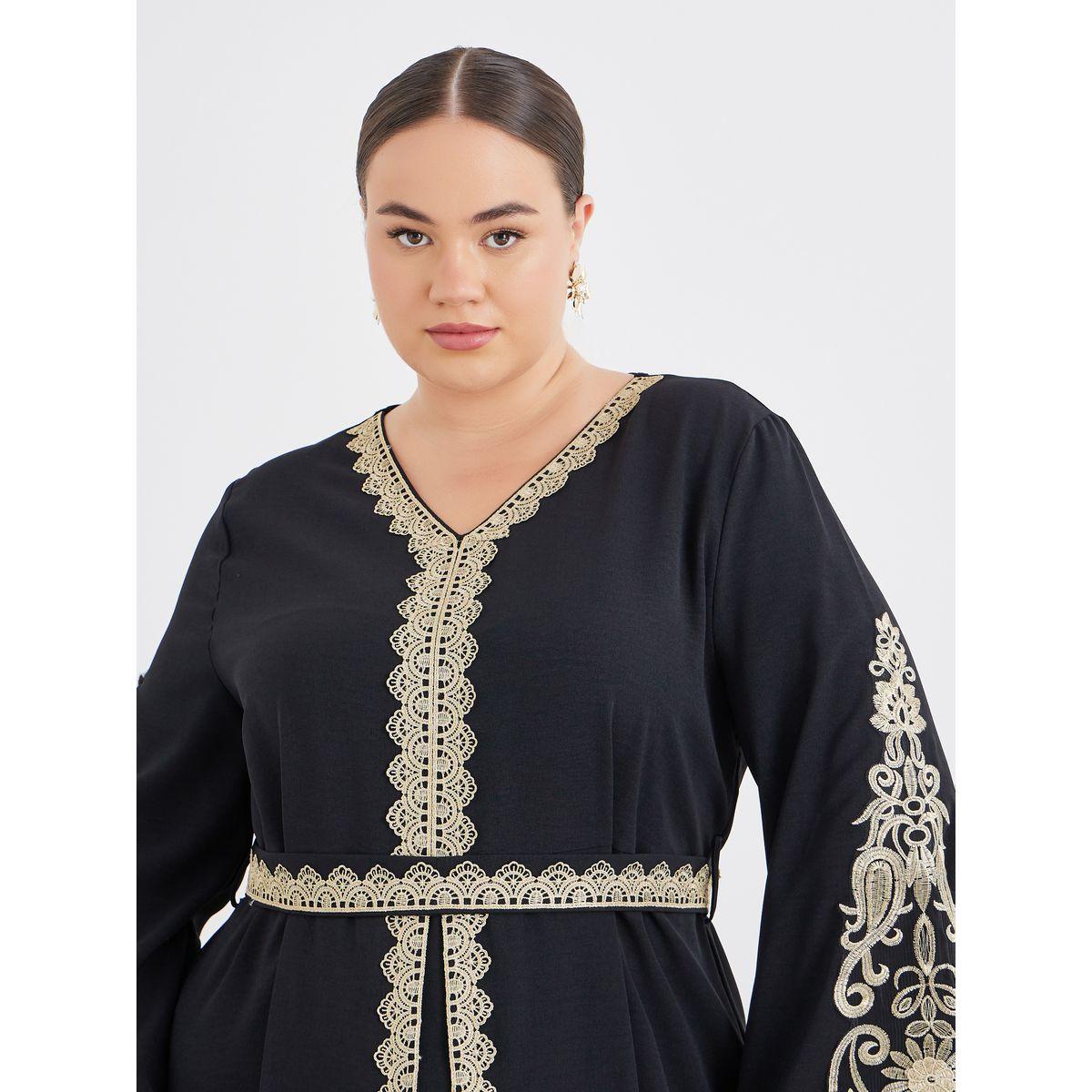 Styli Plus Black Kaftan with Lace Trim-women-arabicclothing-kaftan-image-3