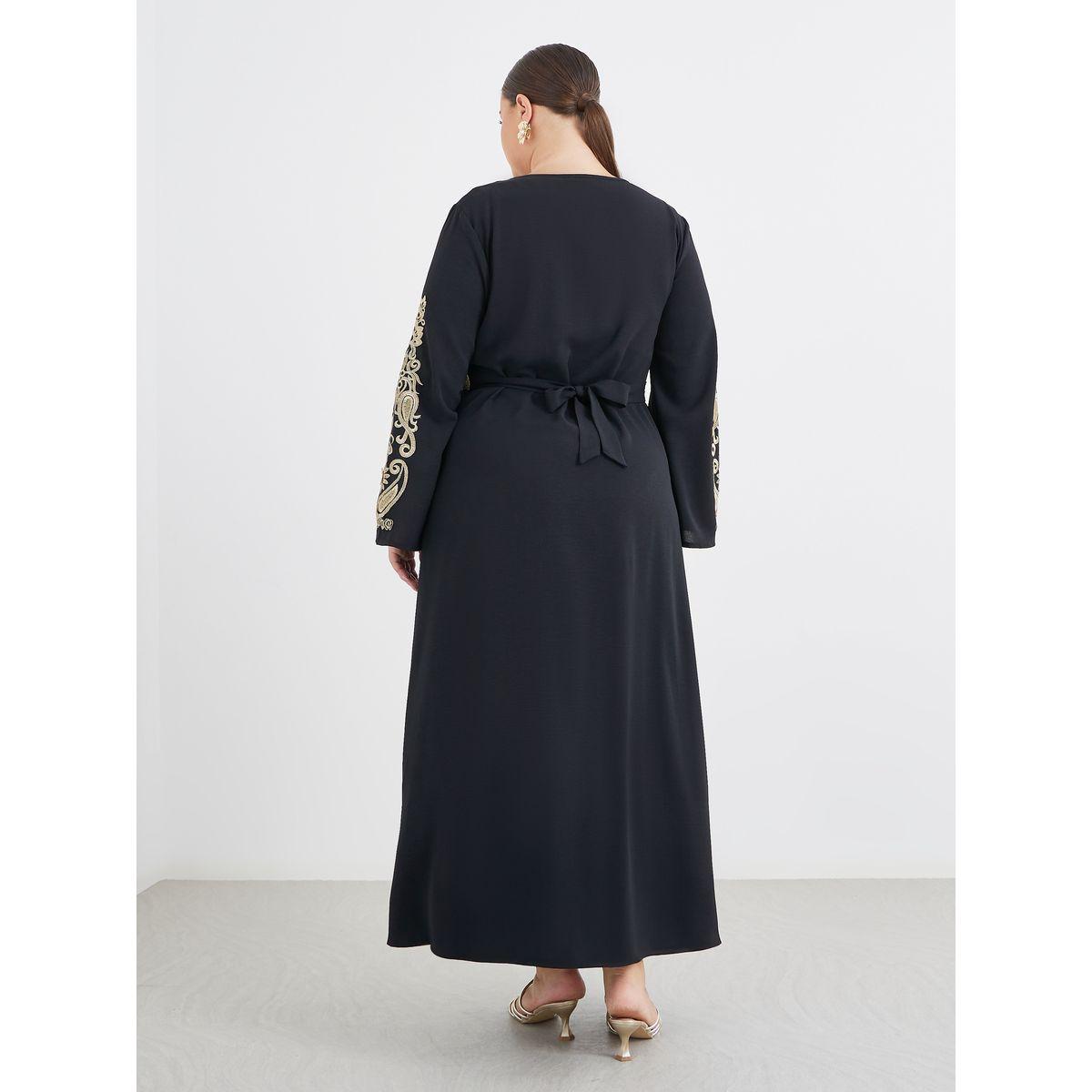 Styli Plus Black Kaftan with Lace Trim-women-arabicclothing-kaftan-image-4