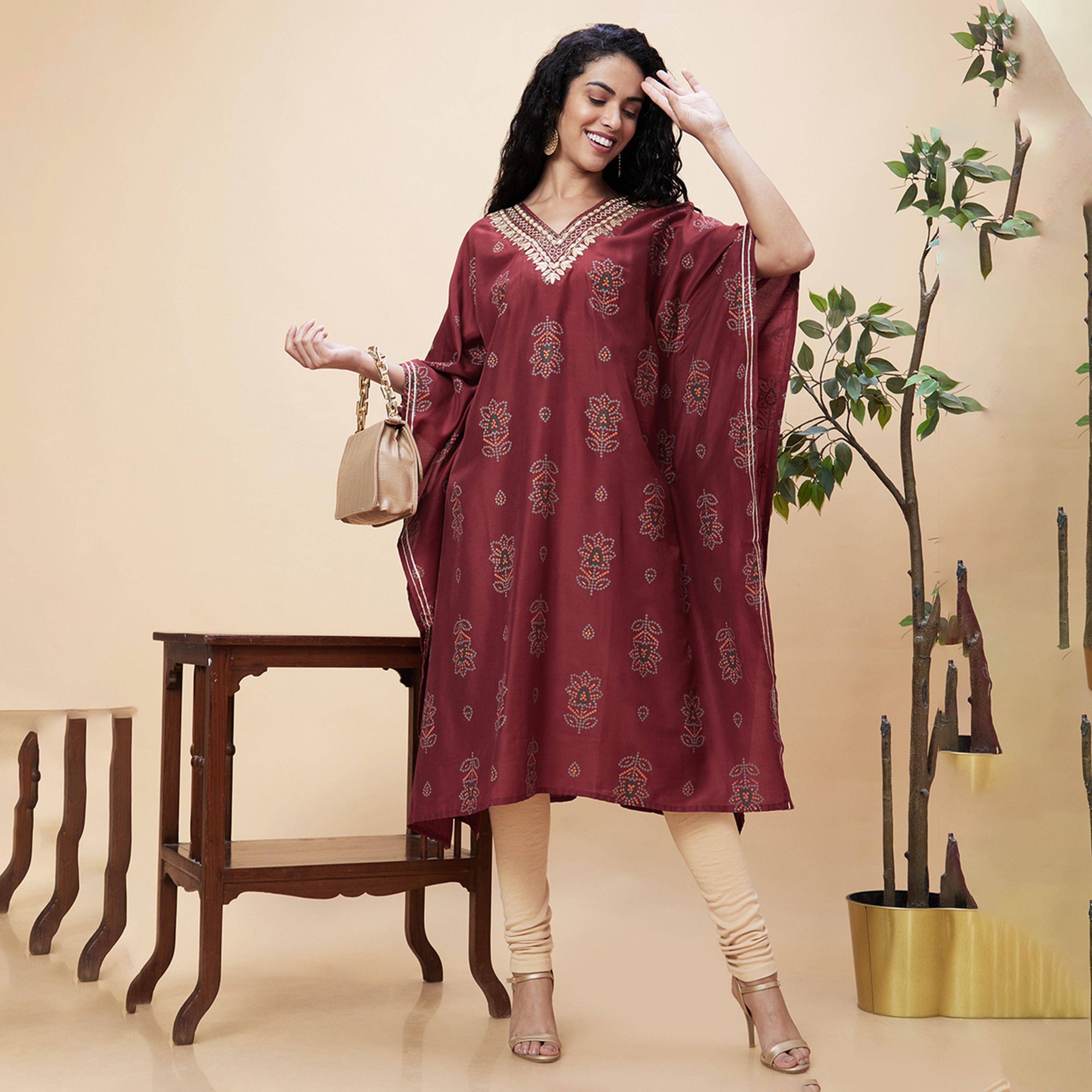 Globus X Styli All-Over Print Embroidered V Neck Kaftan Kurta-women-clothing-ethnicwear-kurtas-image-1
