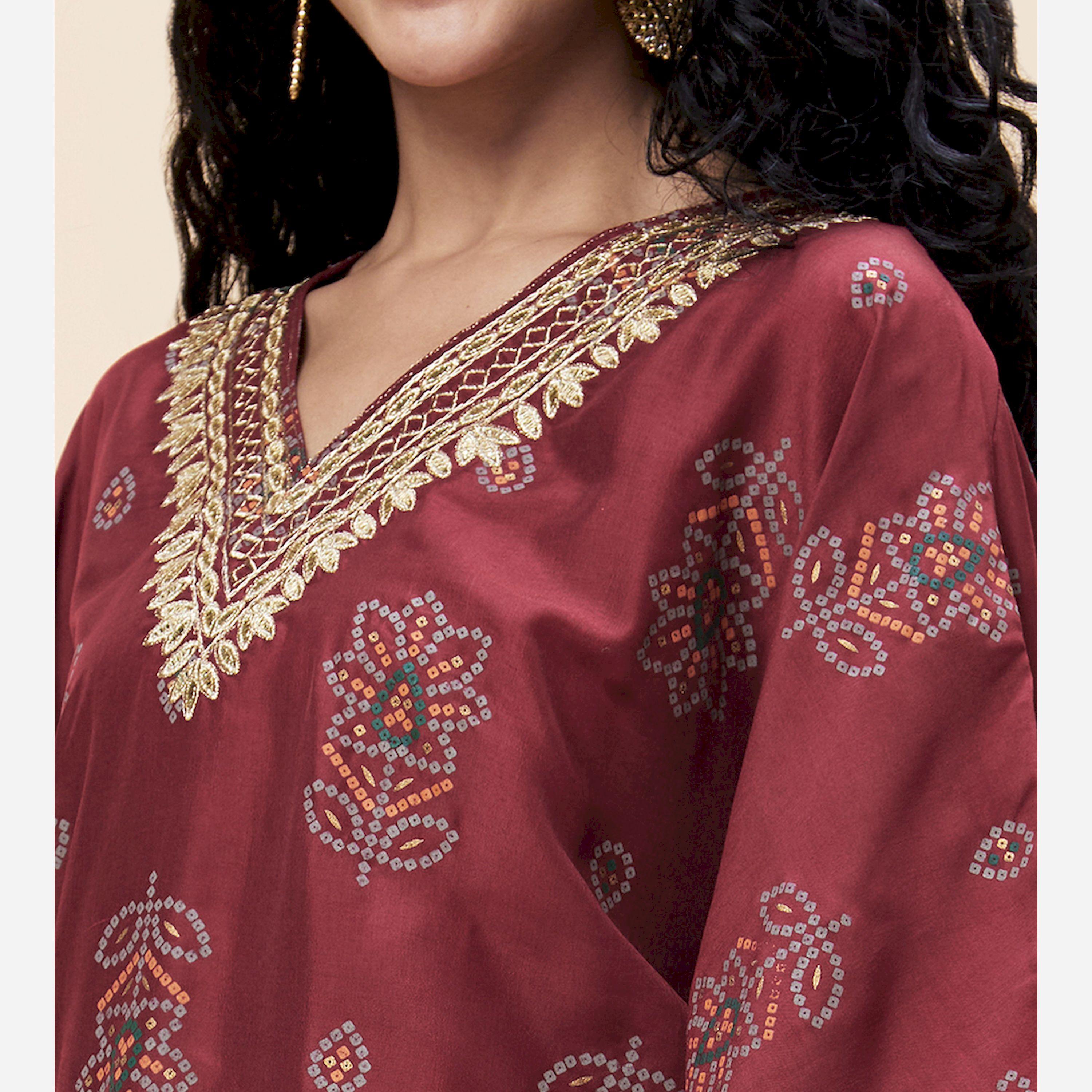 Globus X Styli All-Over Print Embroidered V Neck Kaftan Kurta-women-clothing-ethnicwear-kurtas-image-4