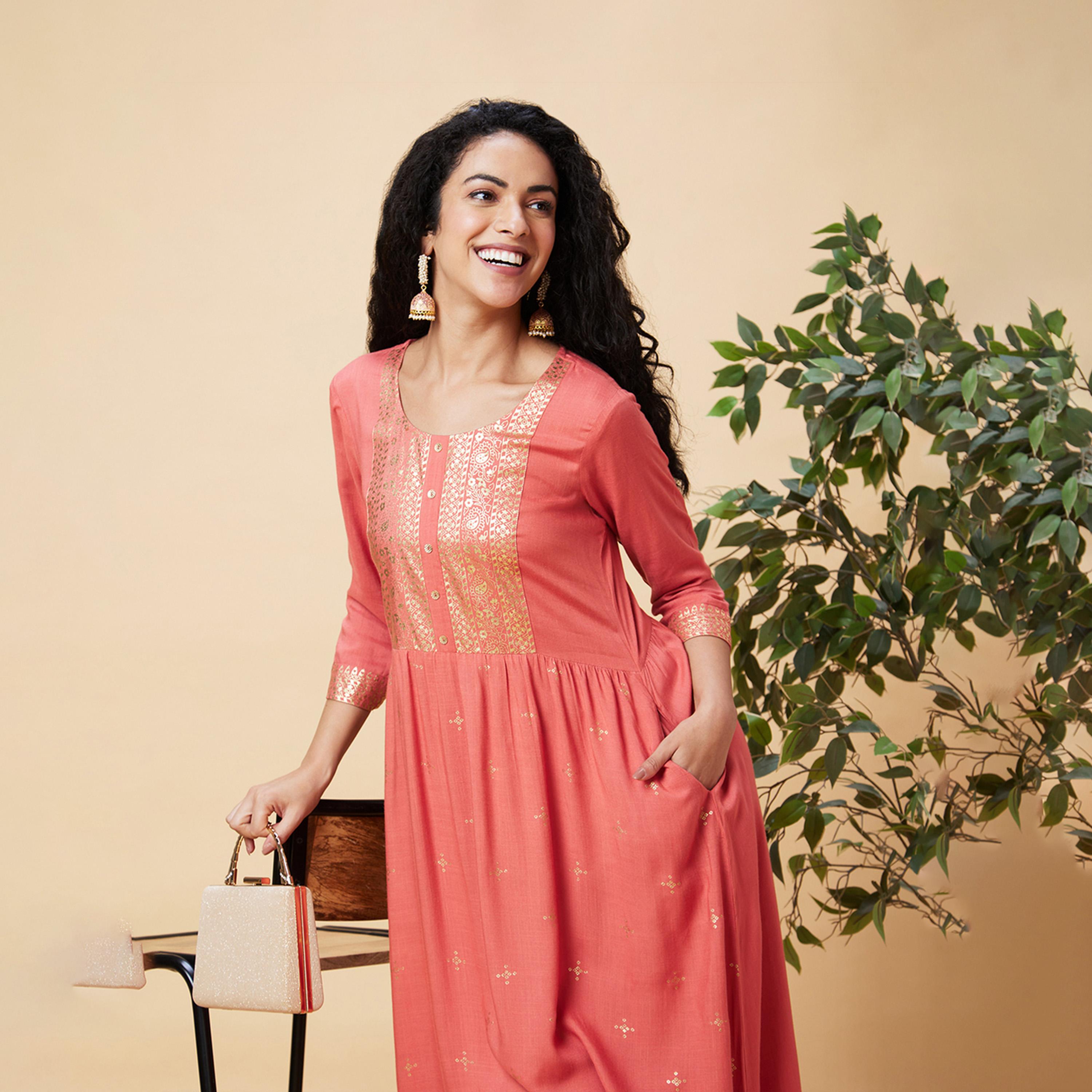 Globus X Styli Foil Print Round Neck A-Line Kurta-women-clothing-ethnicwear-kurtas-image-1