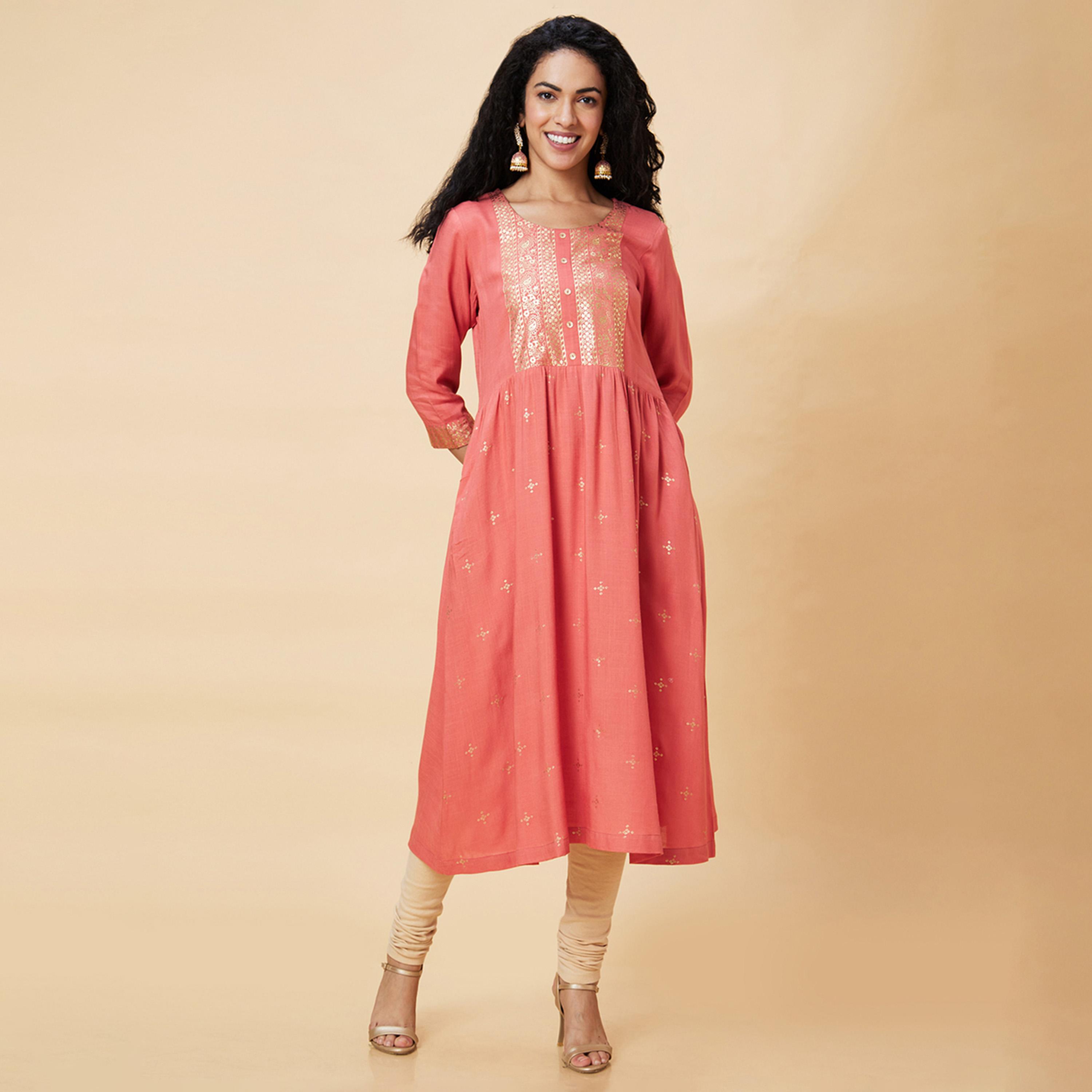 Globus X Styli Foil Print Round Neck A-Line Kurta-women-clothing-ethnicwear-kurtas-image-2