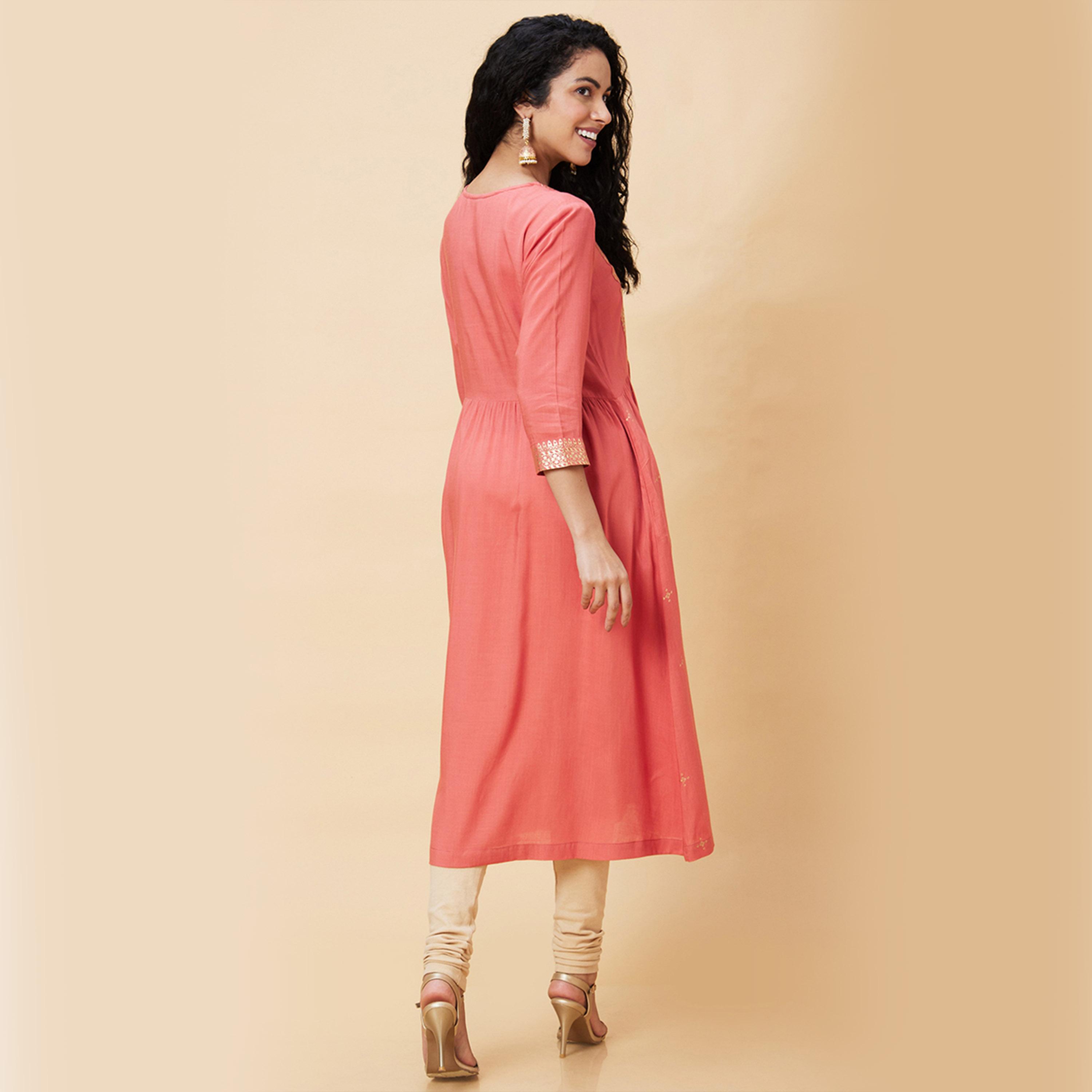 Globus X Styli Foil Print Round Neck A-Line Kurta-women-clothing-ethnicwear-kurtas-image-4