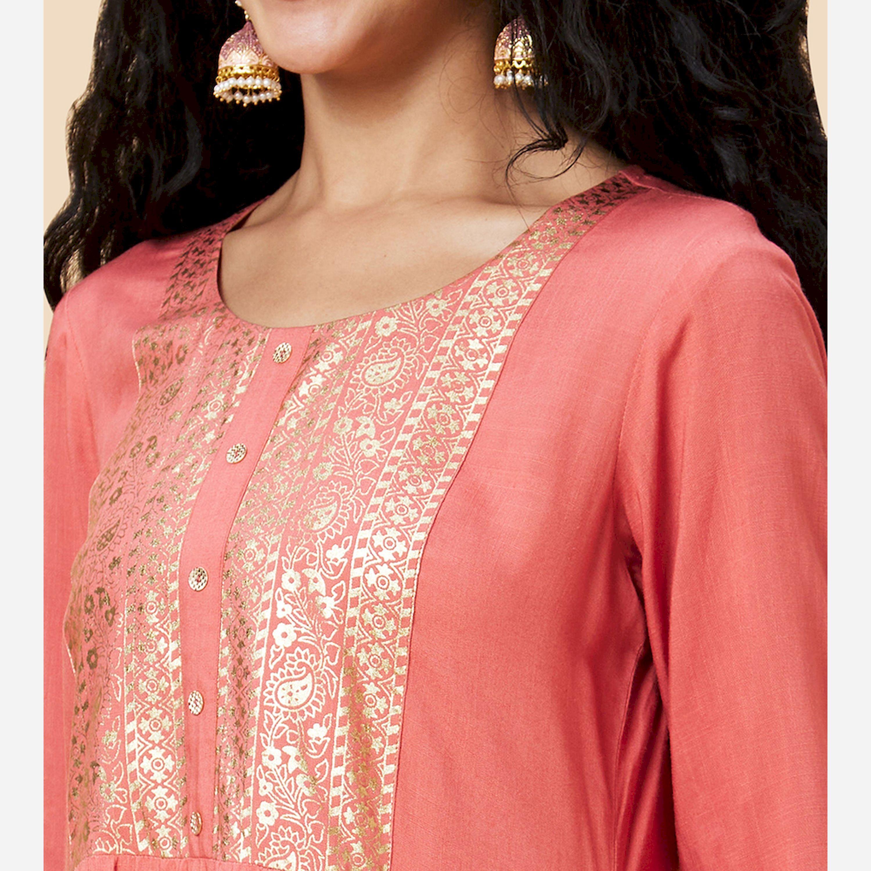 Globus X Styli Foil Print Round Neck A-Line Kurta-women-clothing-ethnicwear-kurtas-image-5
