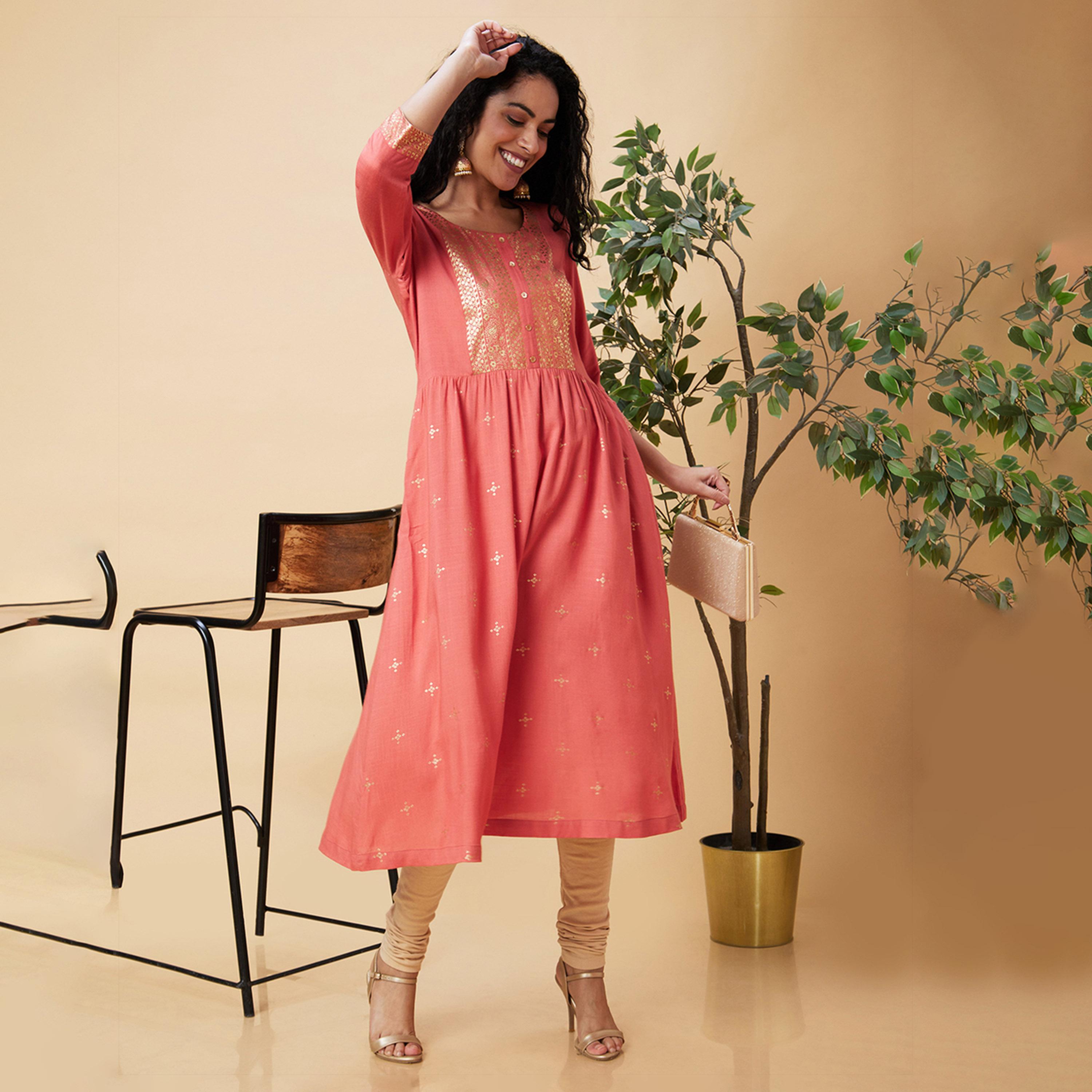 Globus X Styli Foil Print Round Neck A-Line Kurta-women-clothing-ethnicwear-kurtas-image-6
