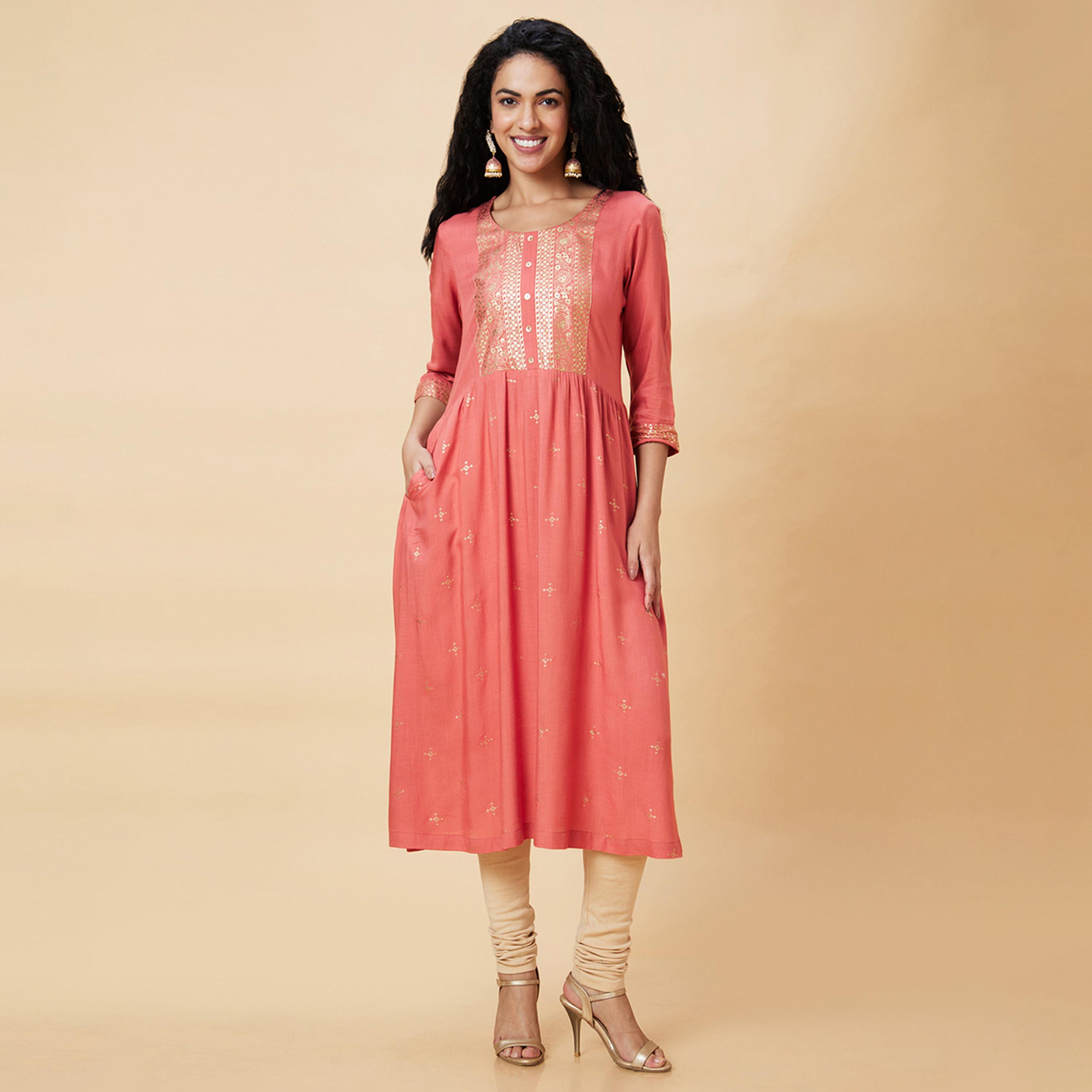 Globus X Styli Foil Print Round Neck A-Line Kurta-women-clothing-ethnicwear-kurtas-image-7
