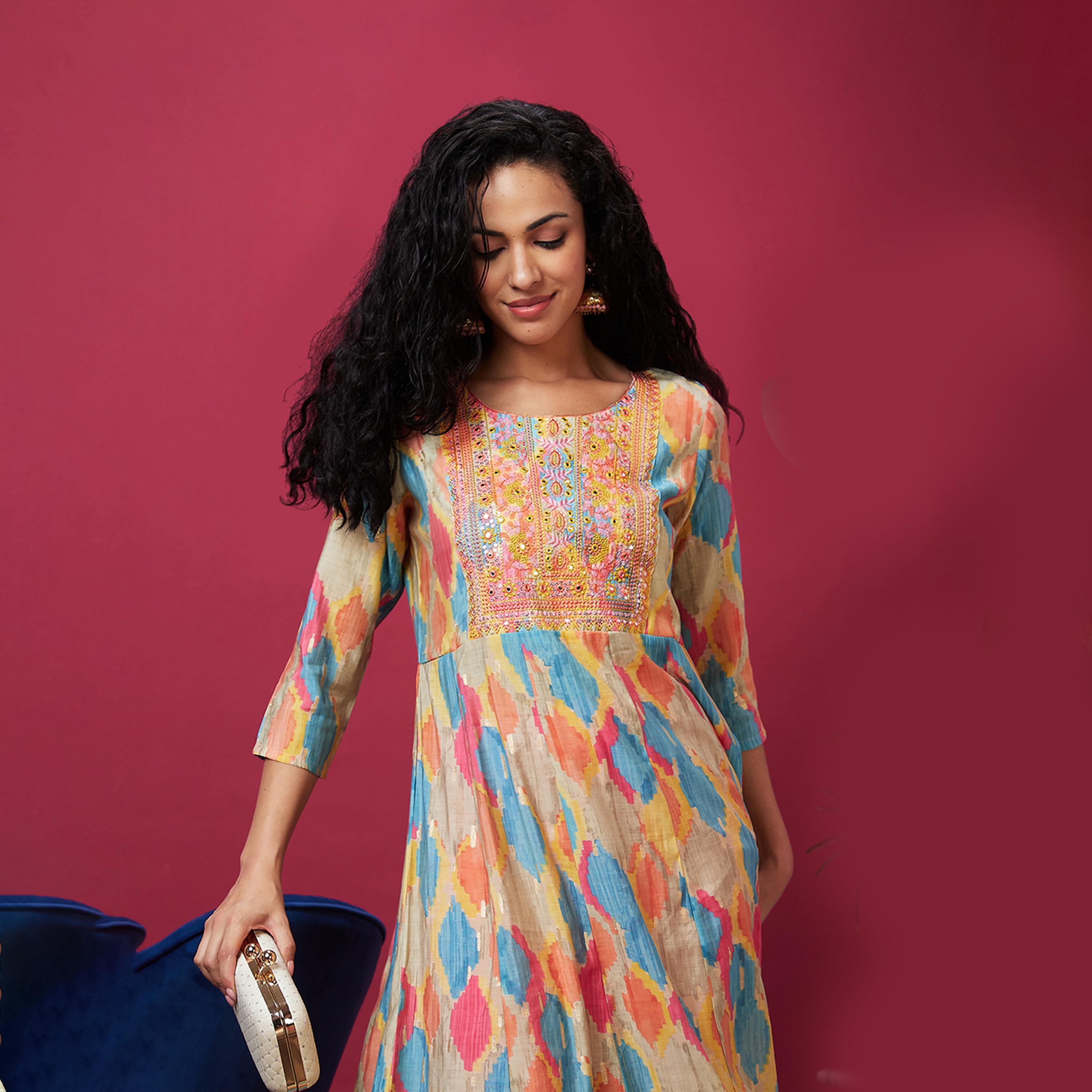 Globus X Styli Embroidered Printed Round Neck Anarkali Kurta-women-clothing-ethnicwear-kurtas-image-1