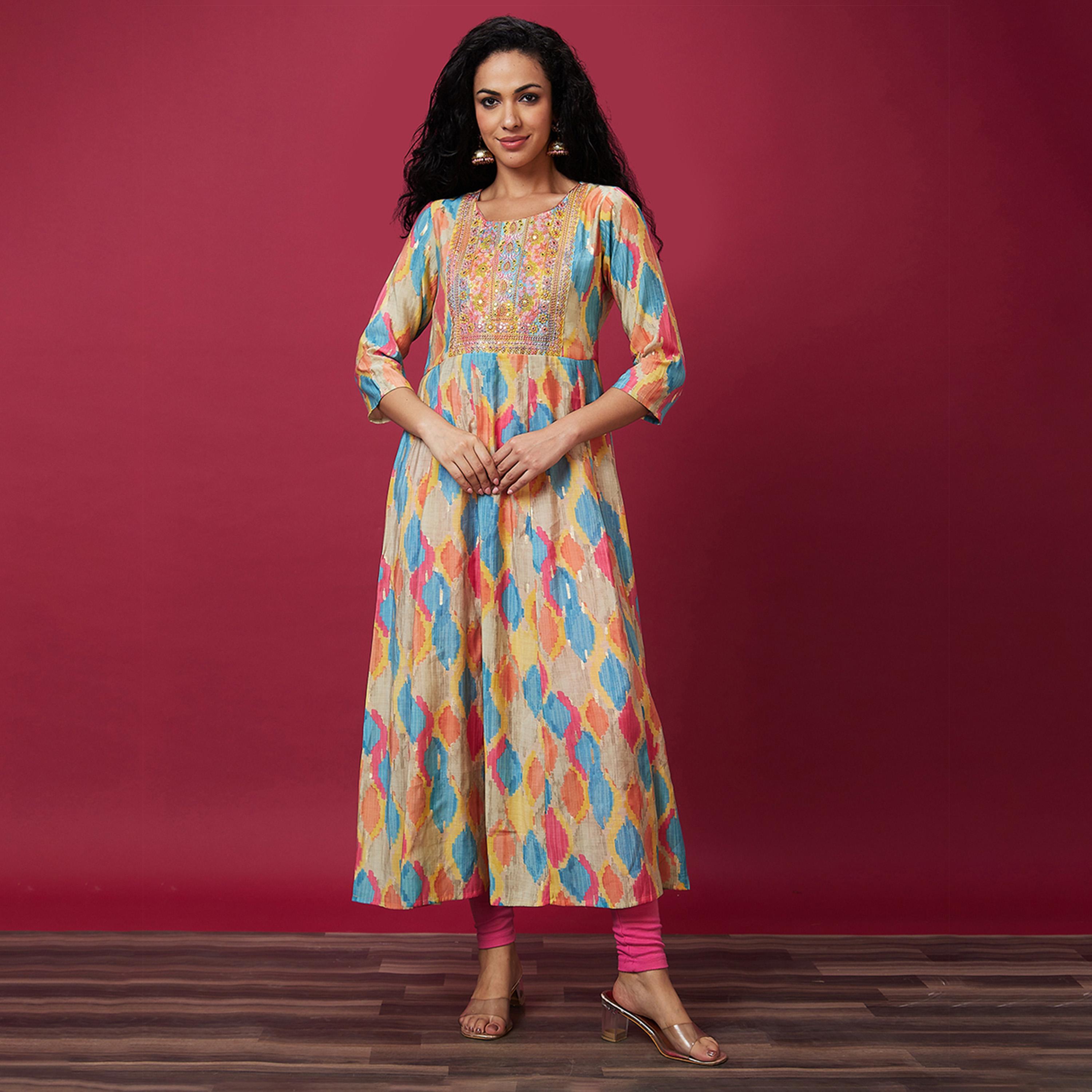 Globus X Styli Embroidered Printed Round Neck Anarkali Kurta-women-clothing-ethnicwear-kurtas-image-2