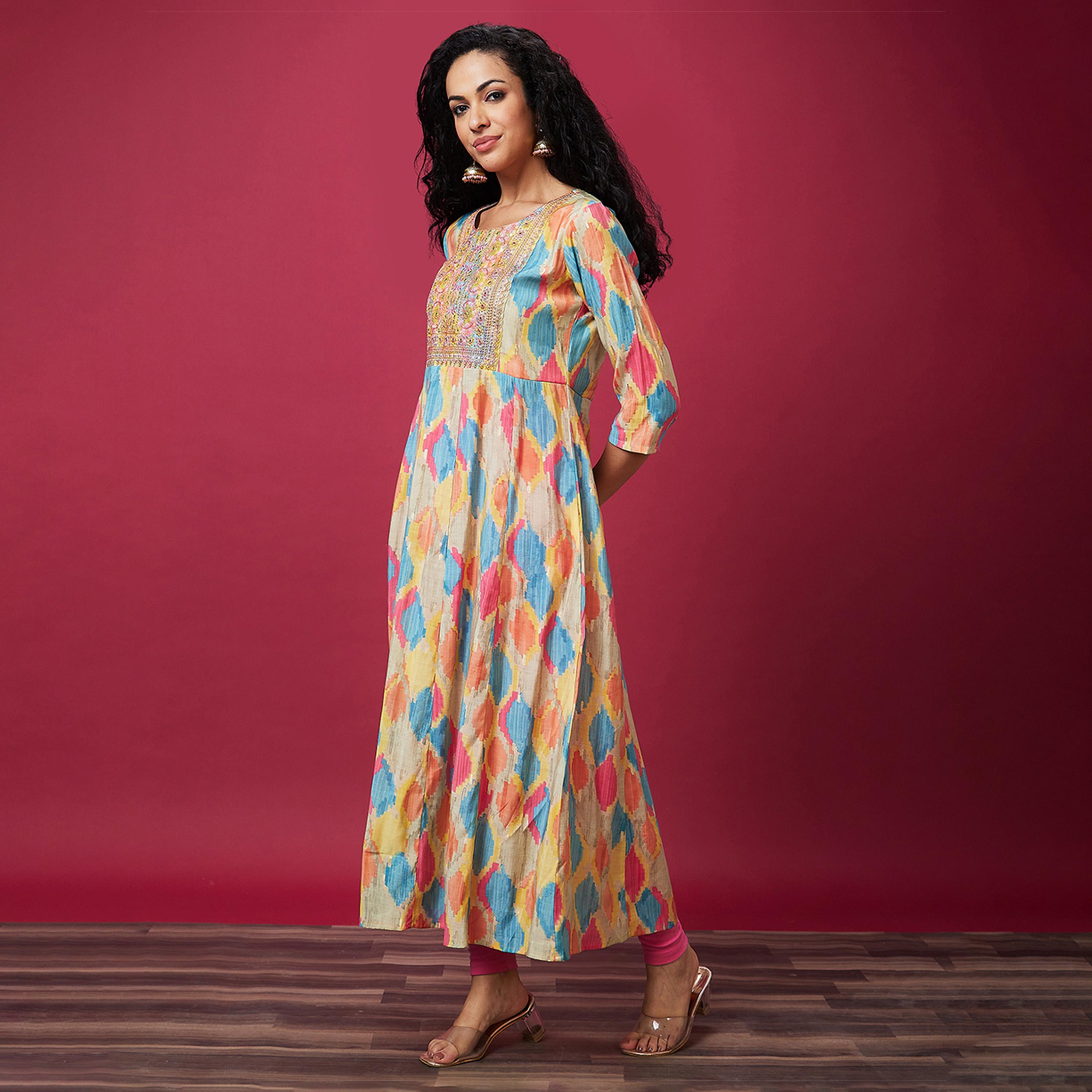Globus X Styli Embroidered Printed Round Neck Anarkali Kurta-women-clothing-ethnicwear-kurtas-image-3