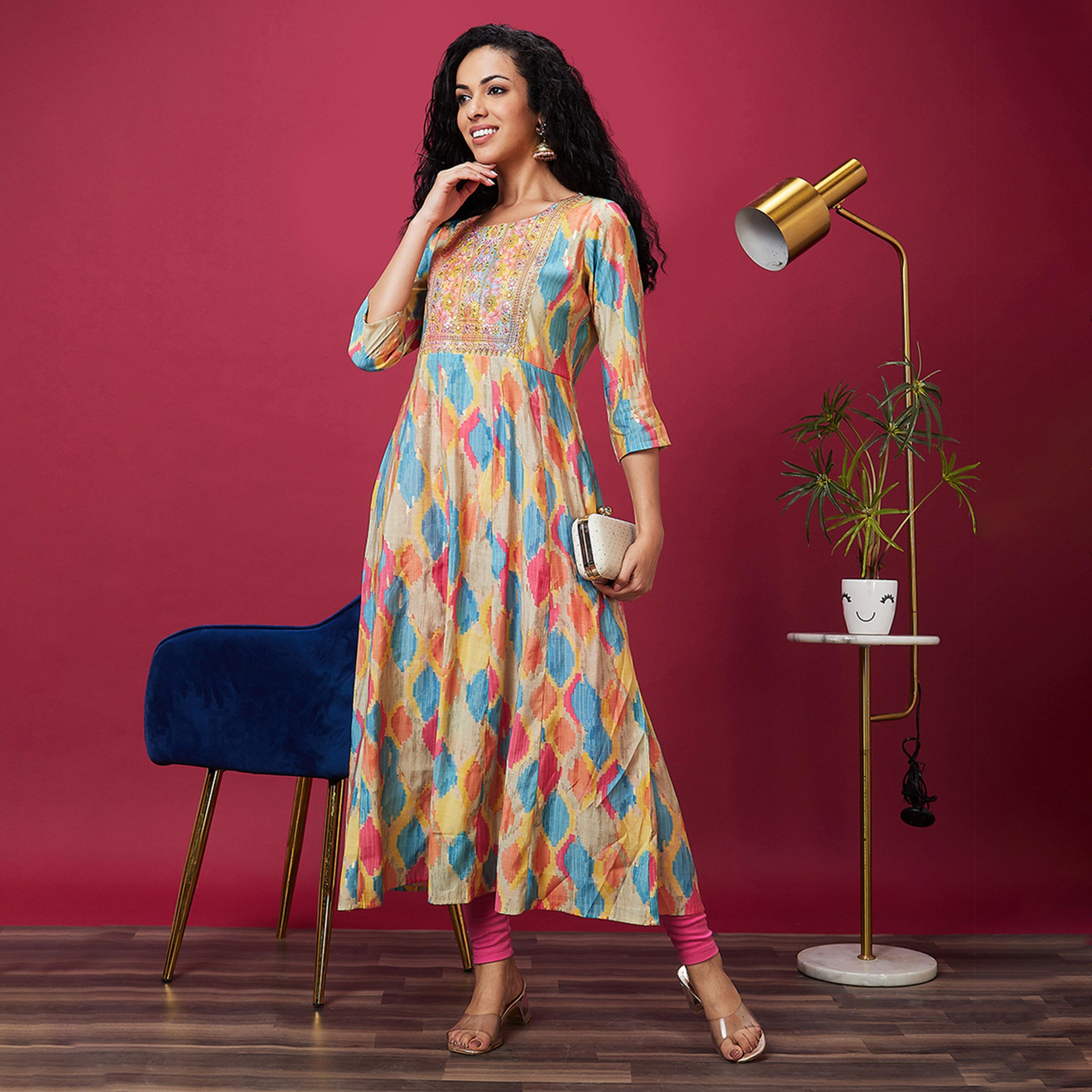 Globus X Styli Embroidered Printed Round Neck Anarkali Kurta-women-clothing-ethnicwear-kurtas-image-6
