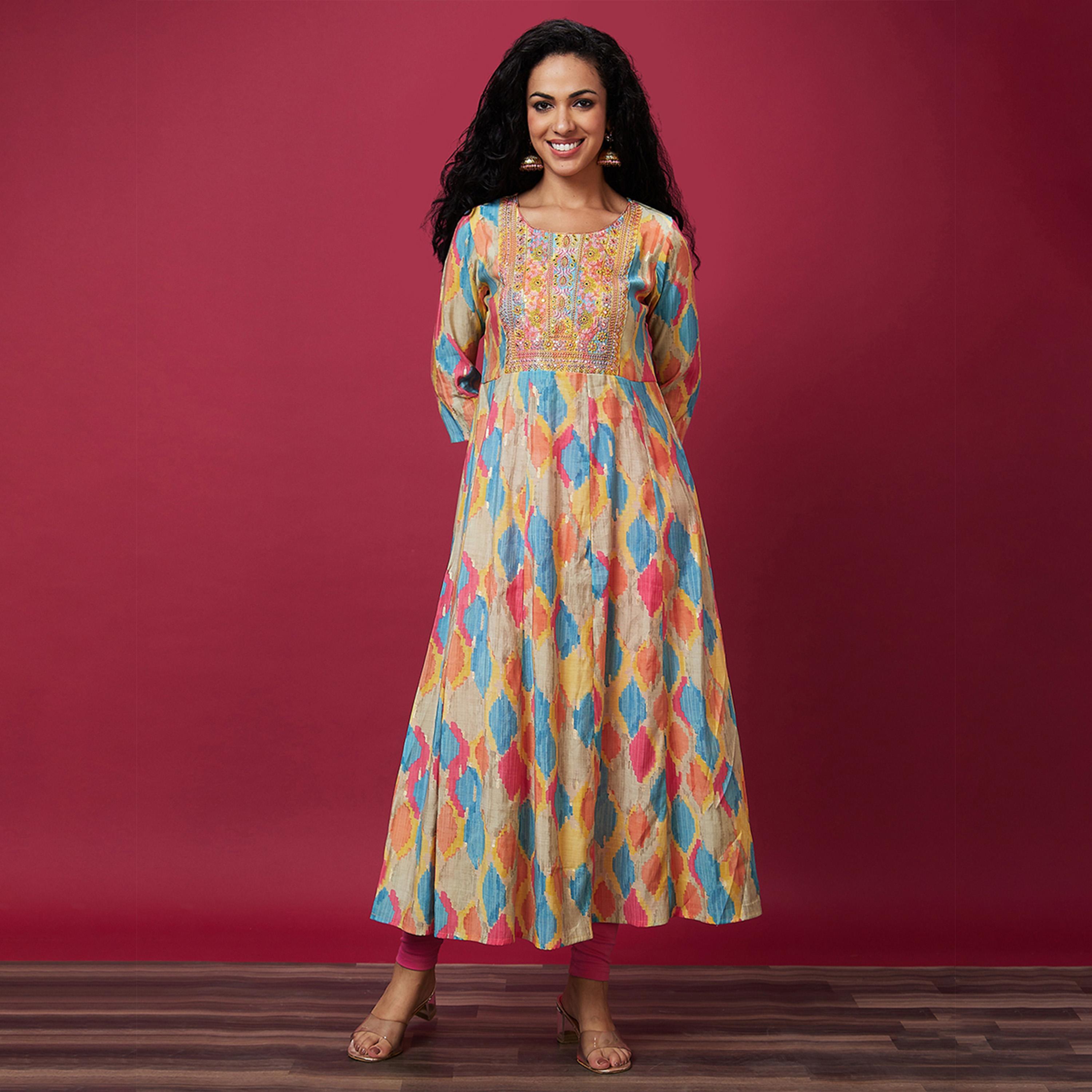 Globus X Styli Embroidered Printed Round Neck Anarkali Kurta-women-clothing-ethnicwear-kurtas-image-7
