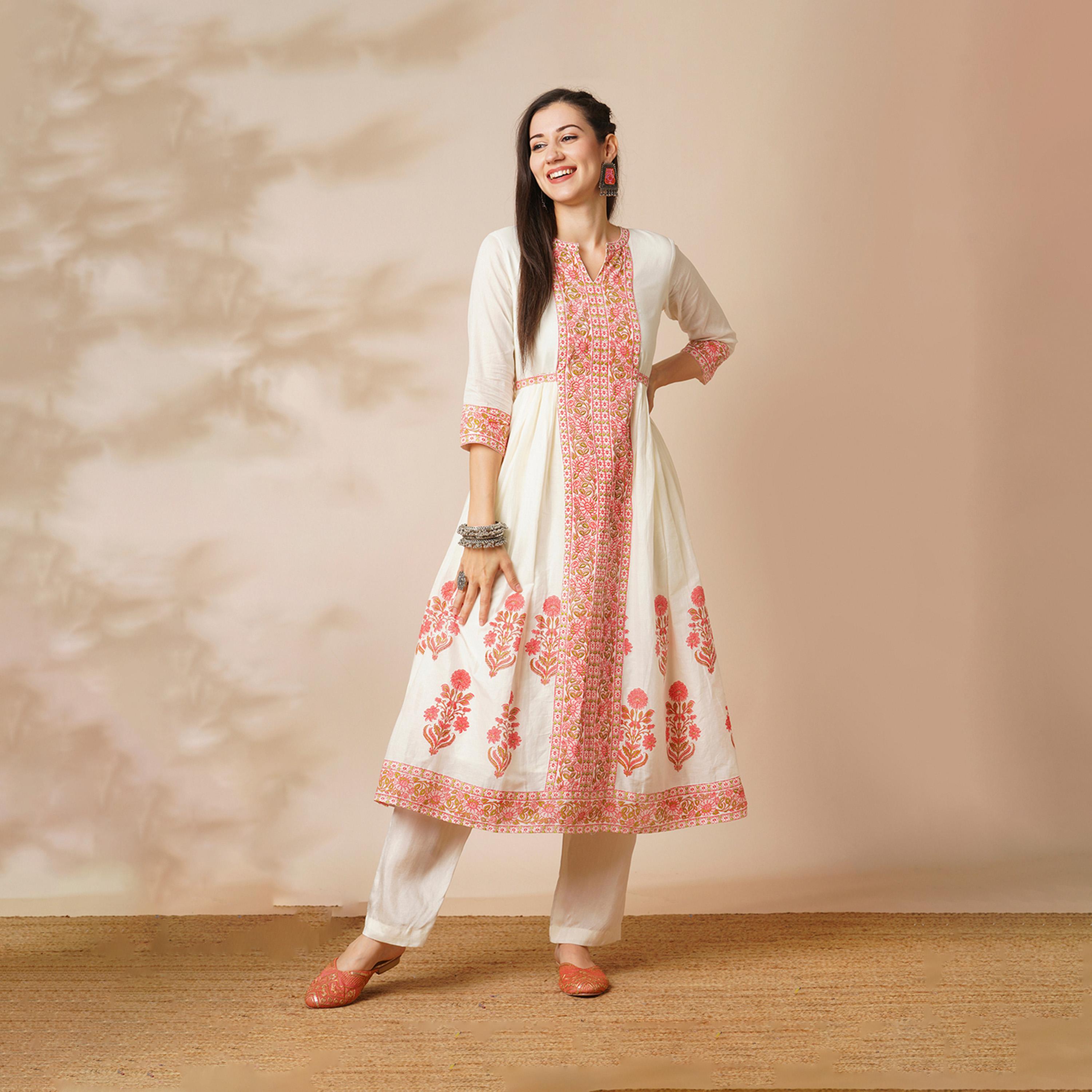 Globus X Styli Globus Women Off-White Floral Printed Waist Tie-Up Panelled A-Line Calf Length Ethnic Kurta-women-clothing-ethnicwear-kurtas-image-1