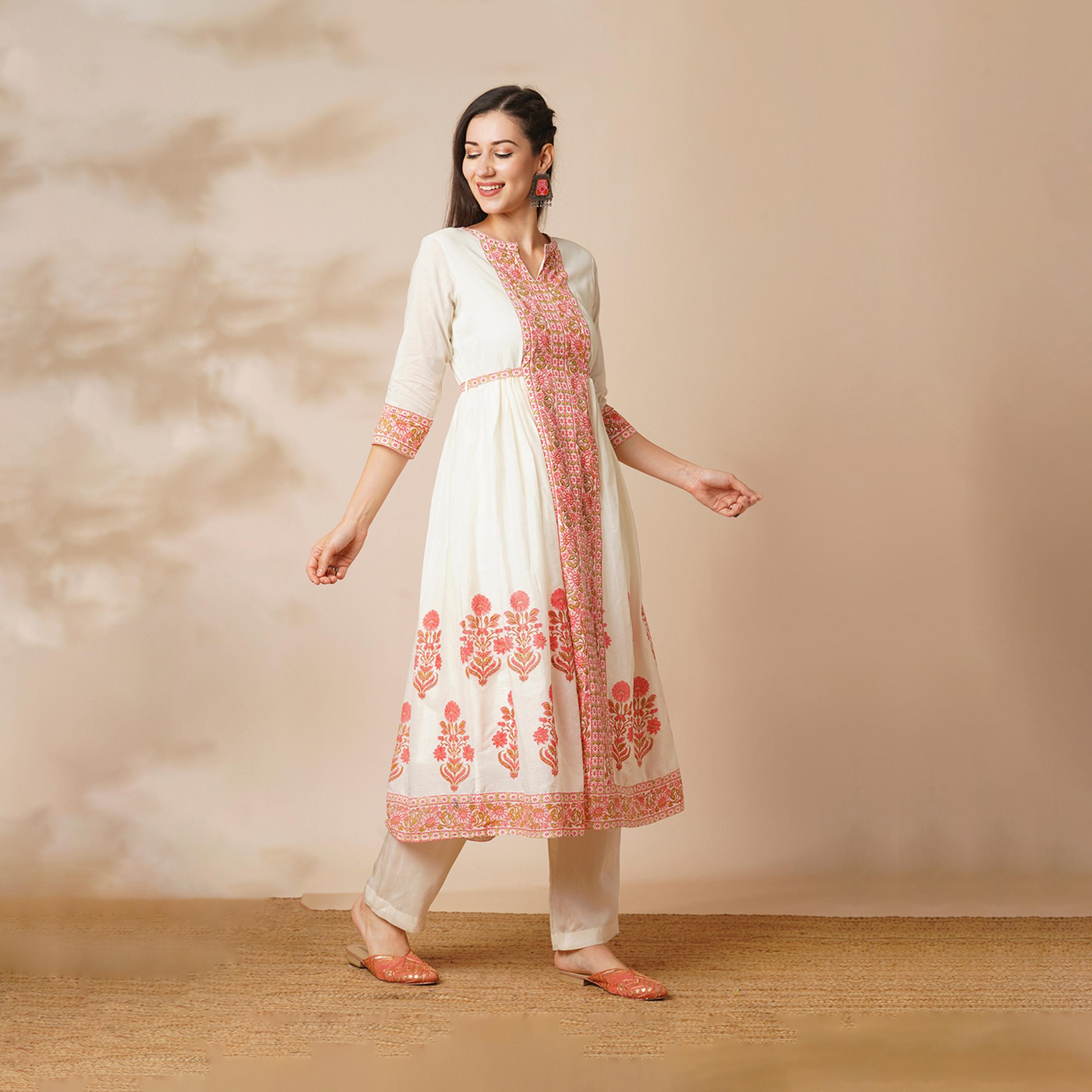 Globus X Styli Globus Women Off-White Floral Printed Waist Tie-Up Panelled A-Line Calf Length Ethnic Kurta-women-clothing-ethnicwear-kurtas-image-2