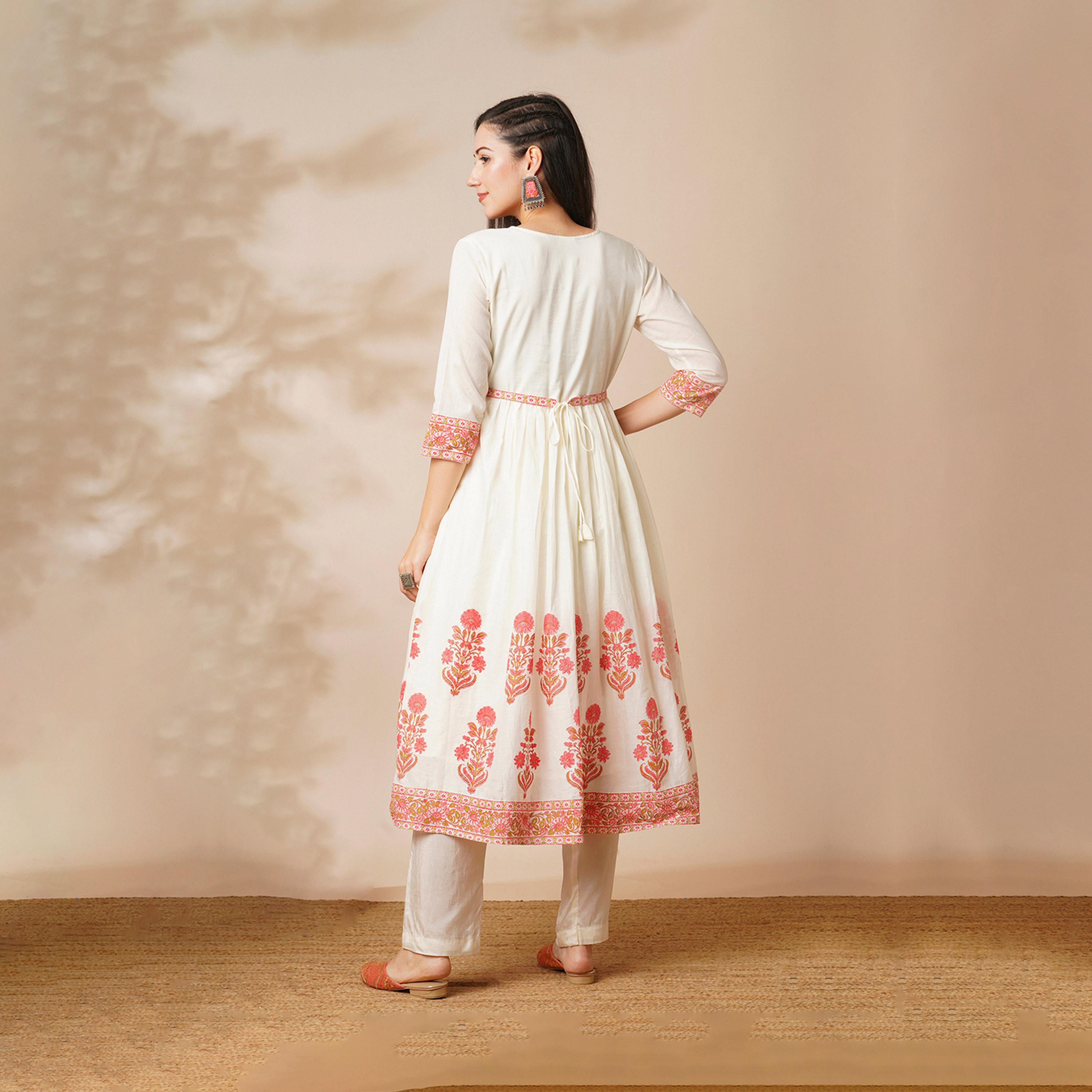 Globus X Styli Globus Women Off-White Floral Printed Waist Tie-Up Panelled A-Line Calf Length Ethnic Kurta-women-clothing-ethnicwear-kurtas-image-3