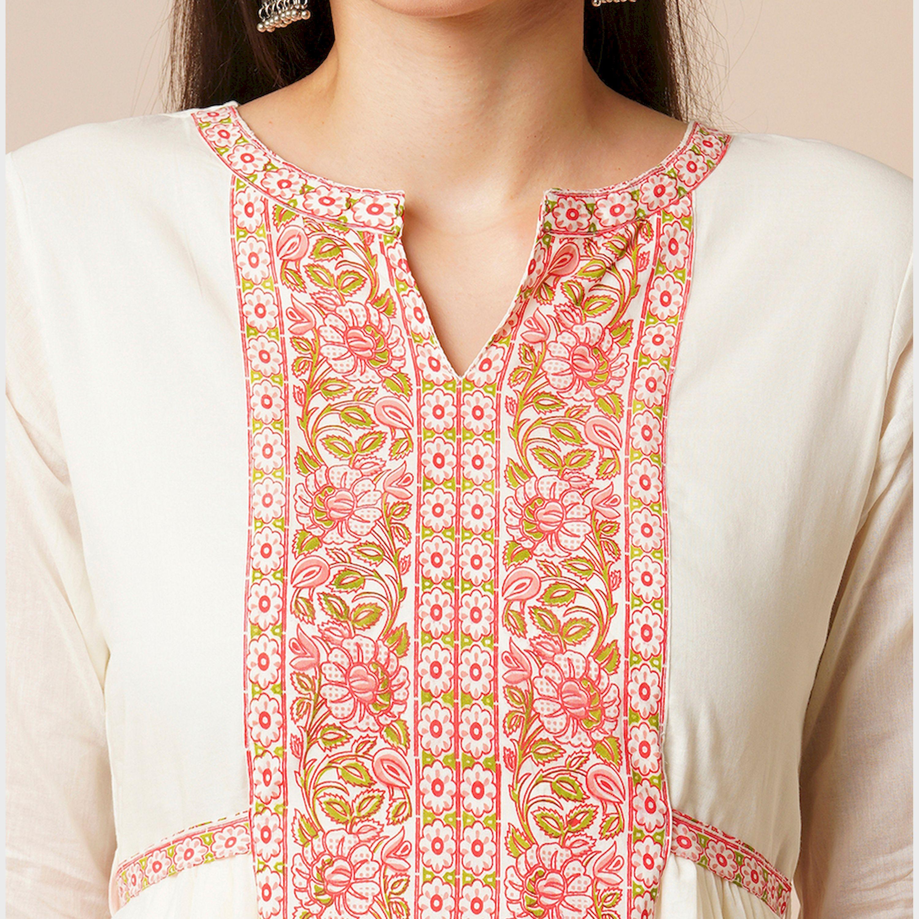 Globus X Styli Globus Women Off-White Floral Printed Waist Tie-Up Panelled A-Line Calf Length Ethnic Kurta-women-clothing-ethnicwear-kurtas-image-4