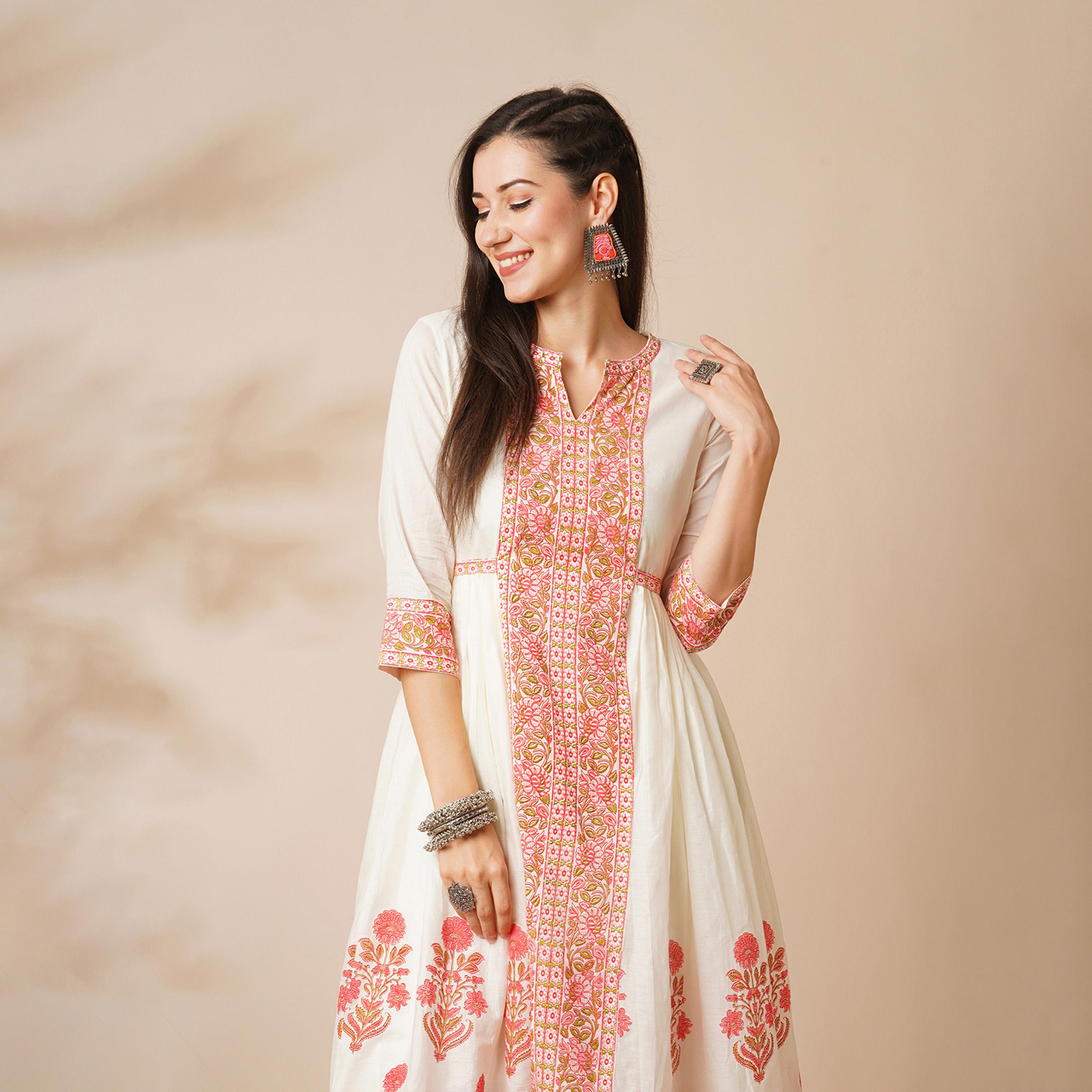 Globus X Styli Globus Women Off-White Floral Printed Waist Tie-Up Panelled A-Line Calf Length Ethnic Kurta-women-clothing-ethnicwear-kurtas-image-5