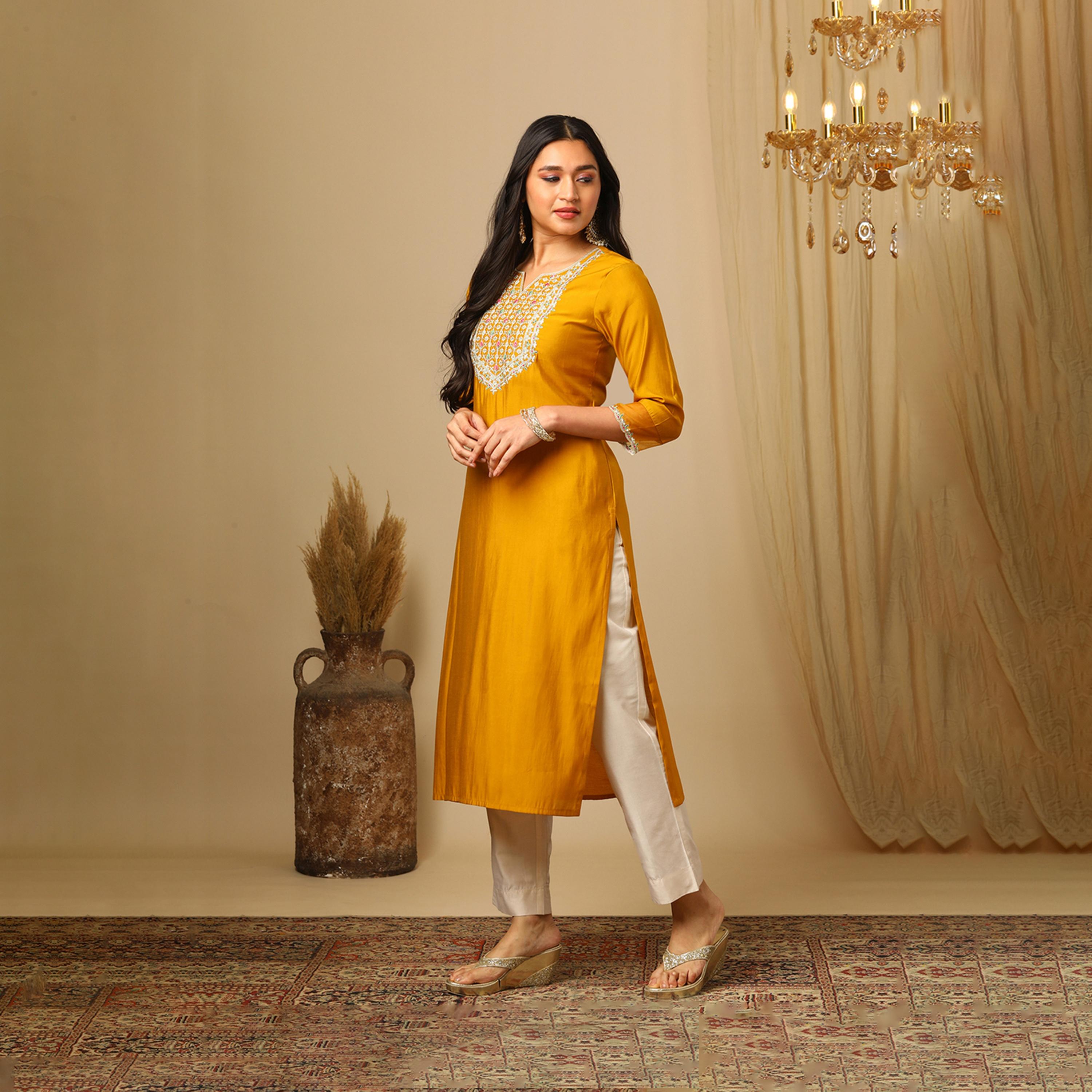 Globus X Styli Globus Women Yellow Zari Embroidered Yoke Round Neck Straight Calf Length Ethnic Kurta-women-clothing-ethnicwear-kurtas-image-2