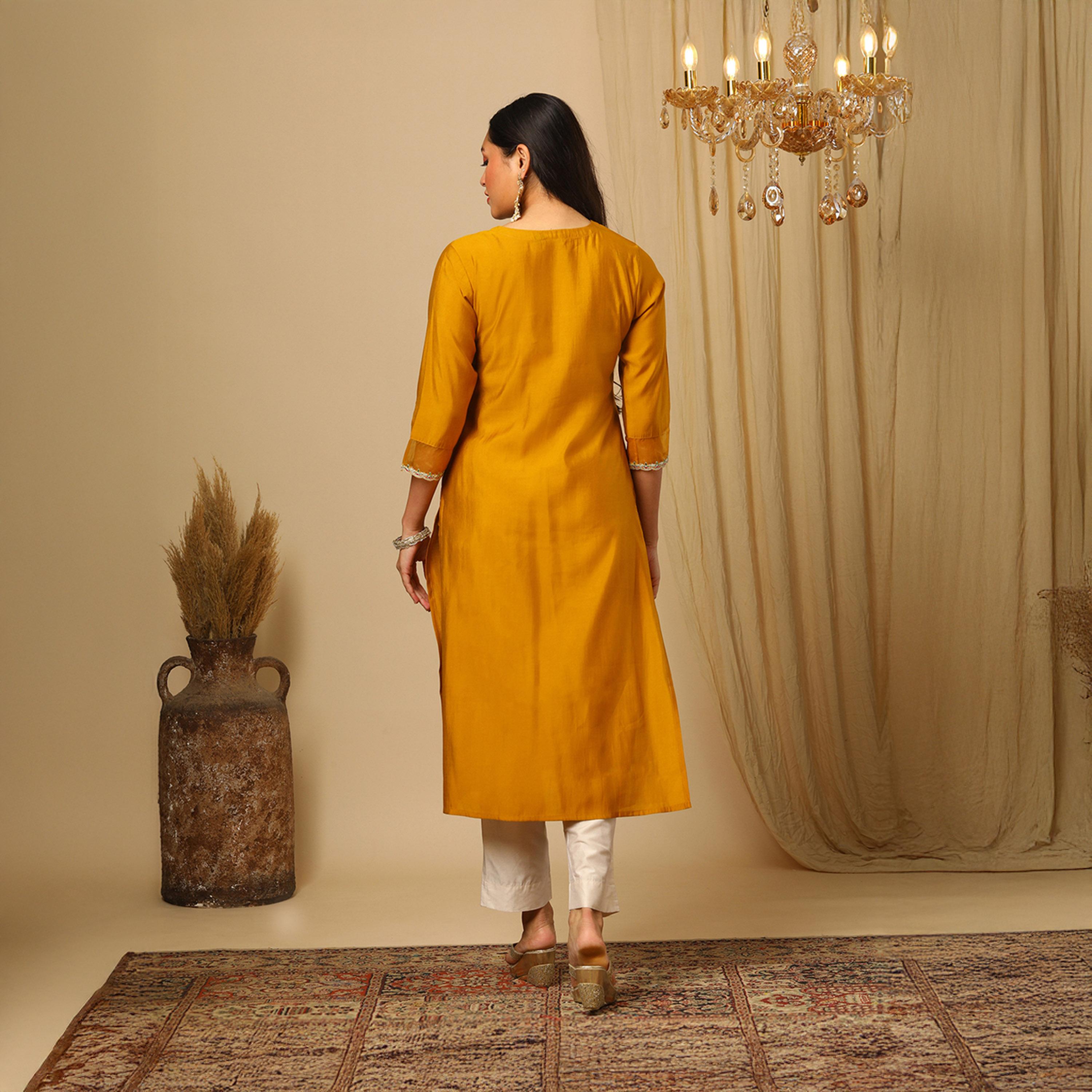 Globus X Styli Globus Women Yellow Zari Embroidered Yoke Round Neck Straight Calf Length Ethnic Kurta-women-clothing-ethnicwear-kurtas-image-3