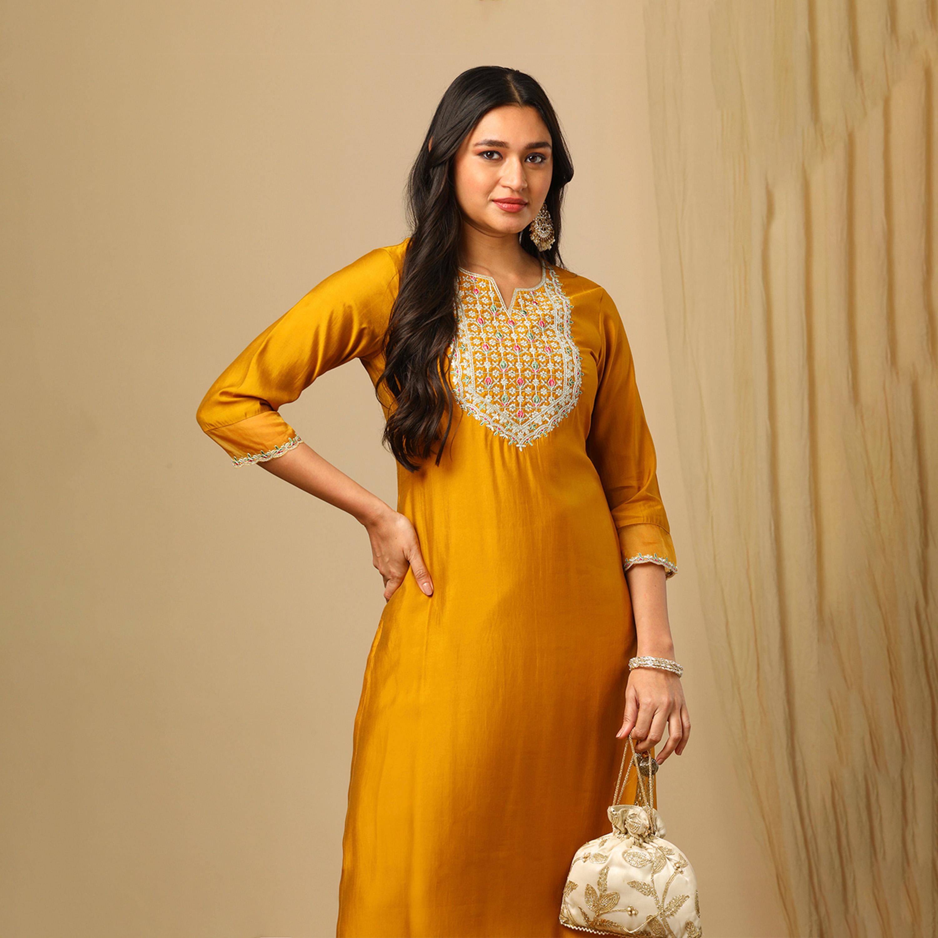 Globus X Styli Globus Women Yellow Zari Embroidered Yoke Round Neck Straight Calf Length Ethnic Kurta-women-clothing-ethnicwear-kurtas-image-6