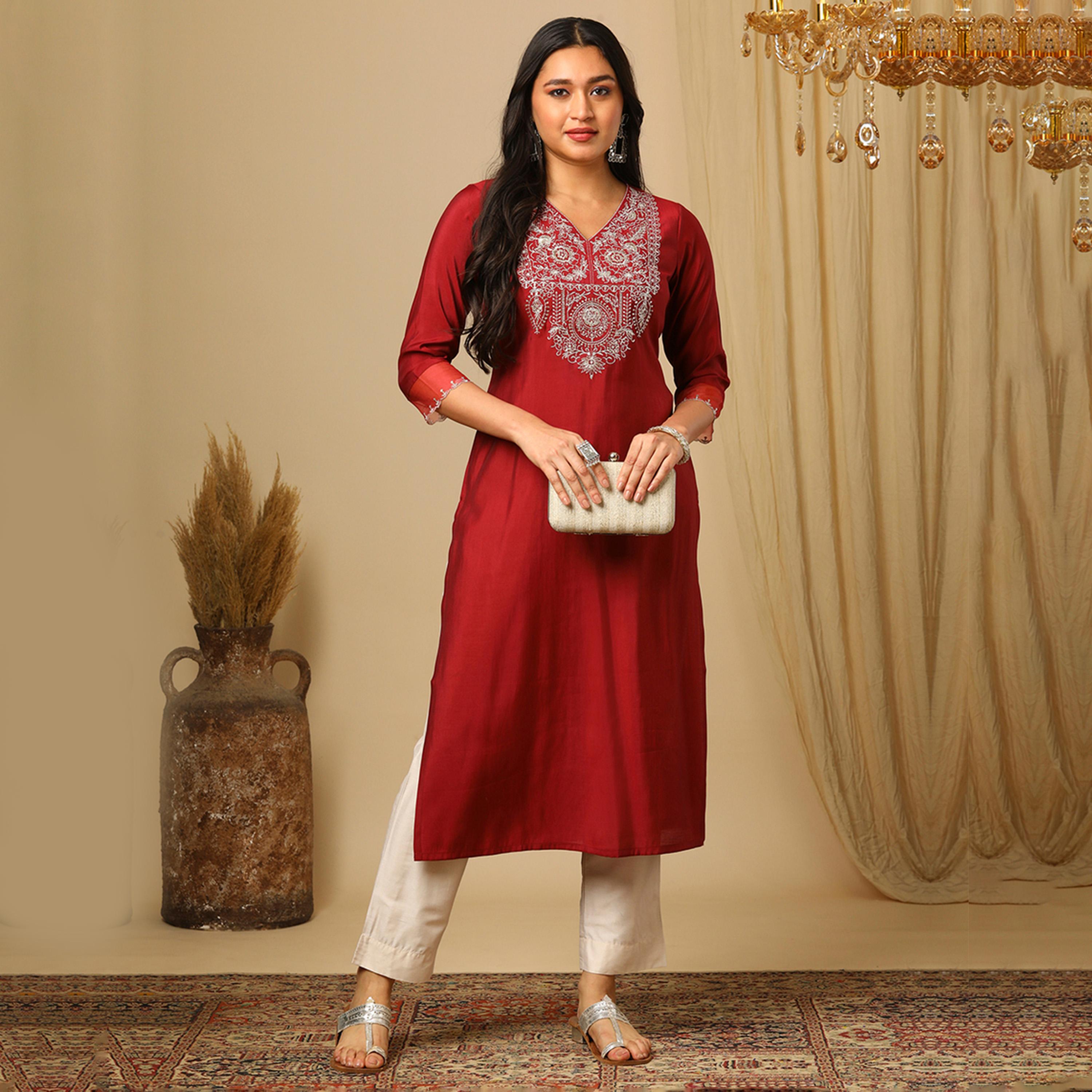 غلوبوس × ستايلي - كورتا عرقية مستقيمة بياقة V-women-clothing-ethnicwear-kurtas-image-1