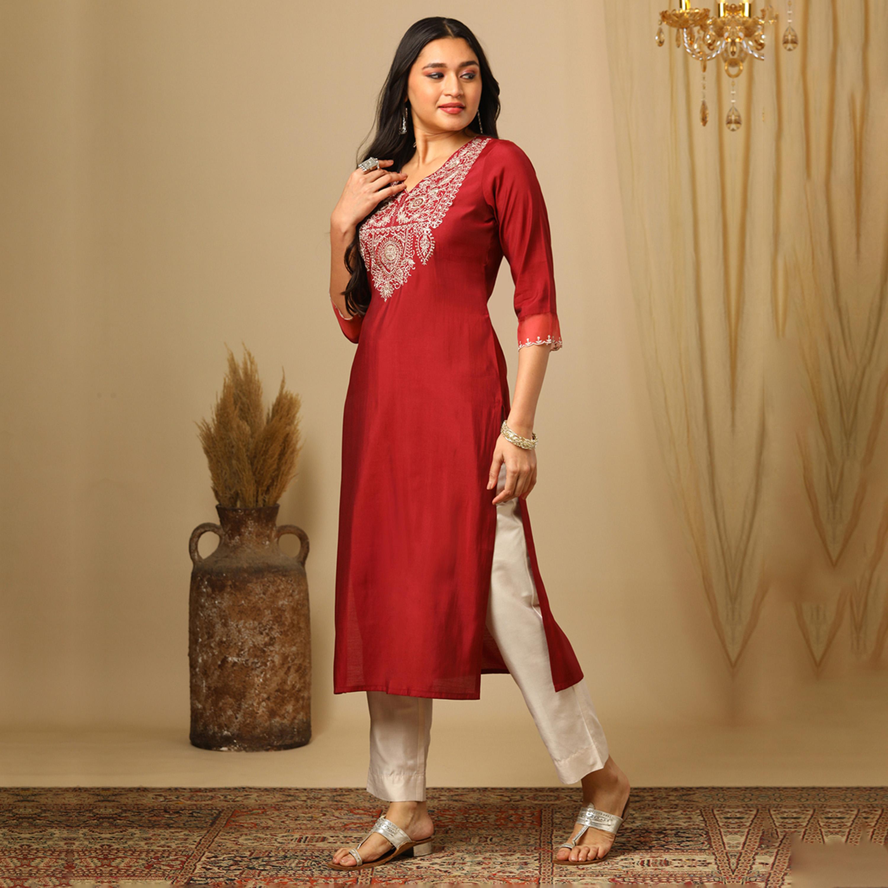 غلوبوس × ستايلي - كورتا عرقية مستقيمة بياقة V-women-clothing-ethnicwear-kurtas-image-2