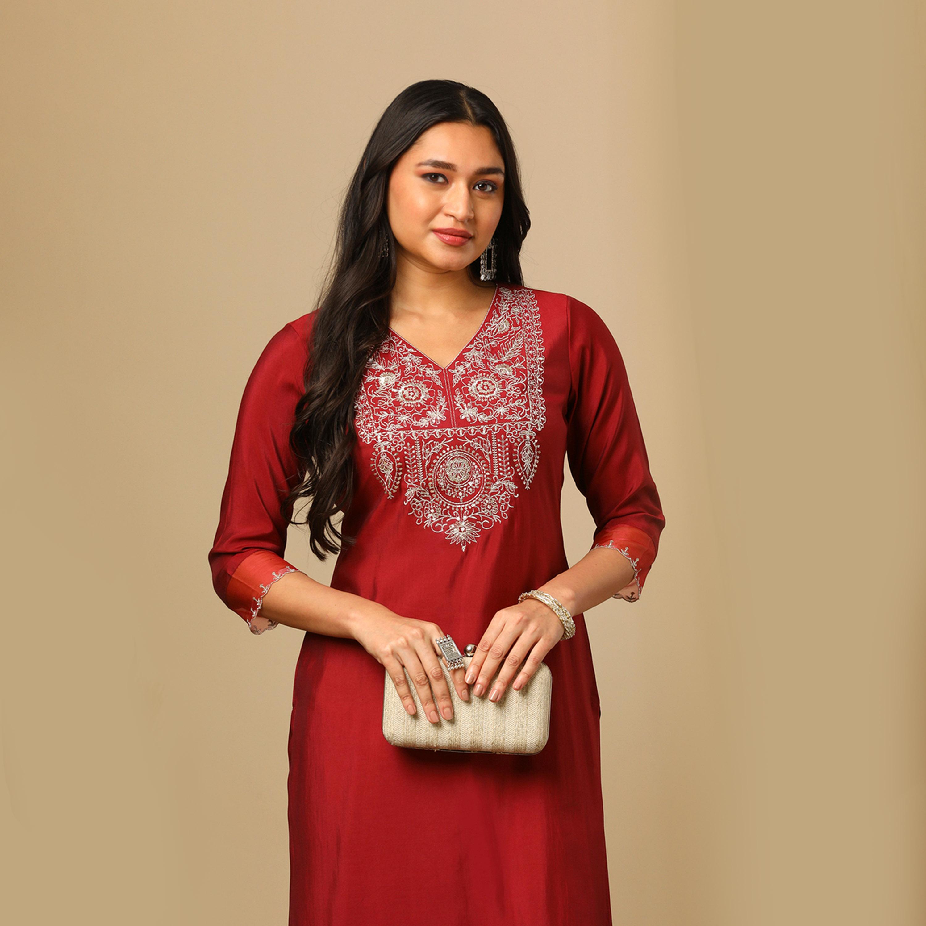 Globus X Styli Embroidered V-Neck Straight Ethnic Kurta-women-clothing-ethnicwear-kurtas-image-5