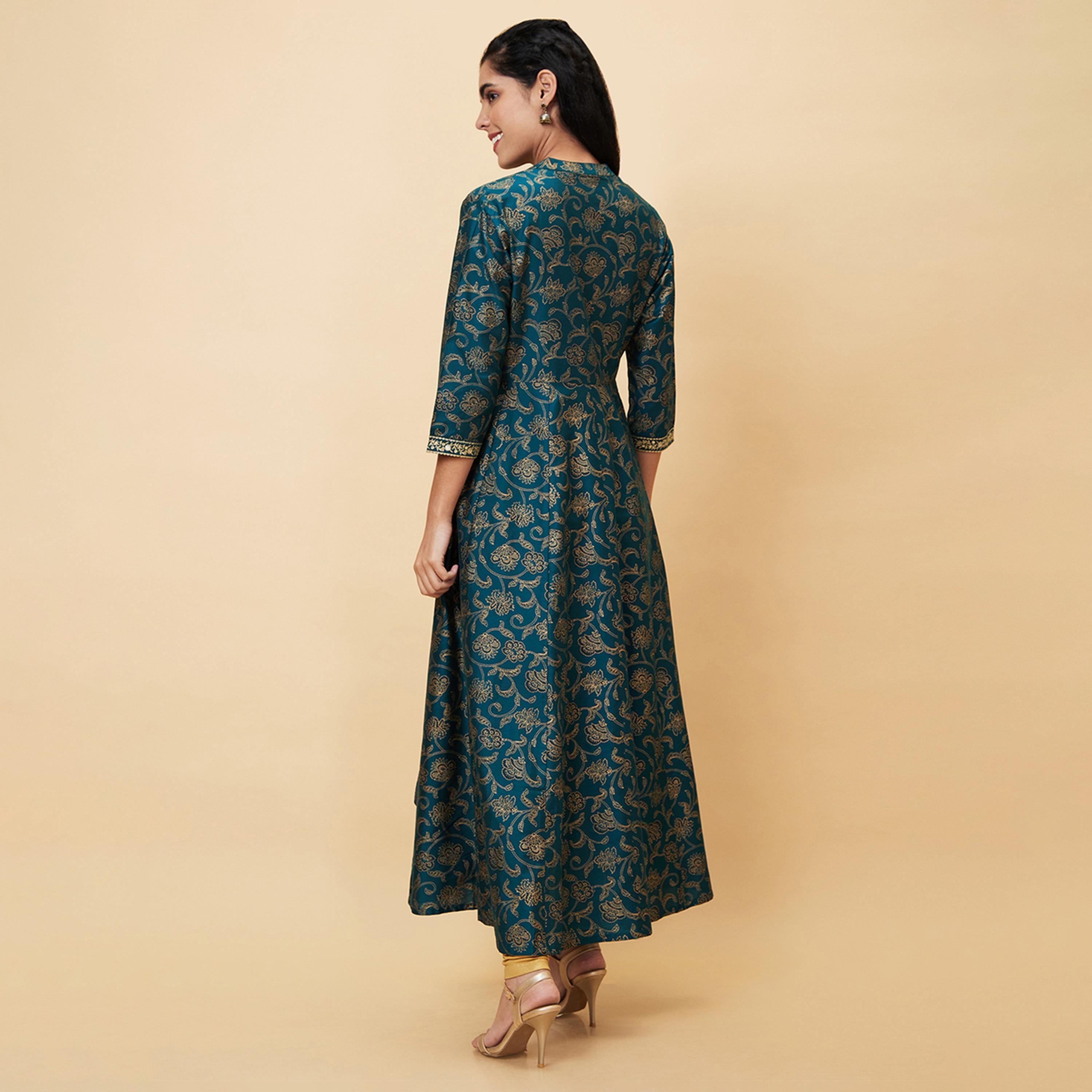 Globus X Styli All-Over Print Mandarin Collar A-Line Kurta-women-clothing-ethnicwear-kurtas-image-3
