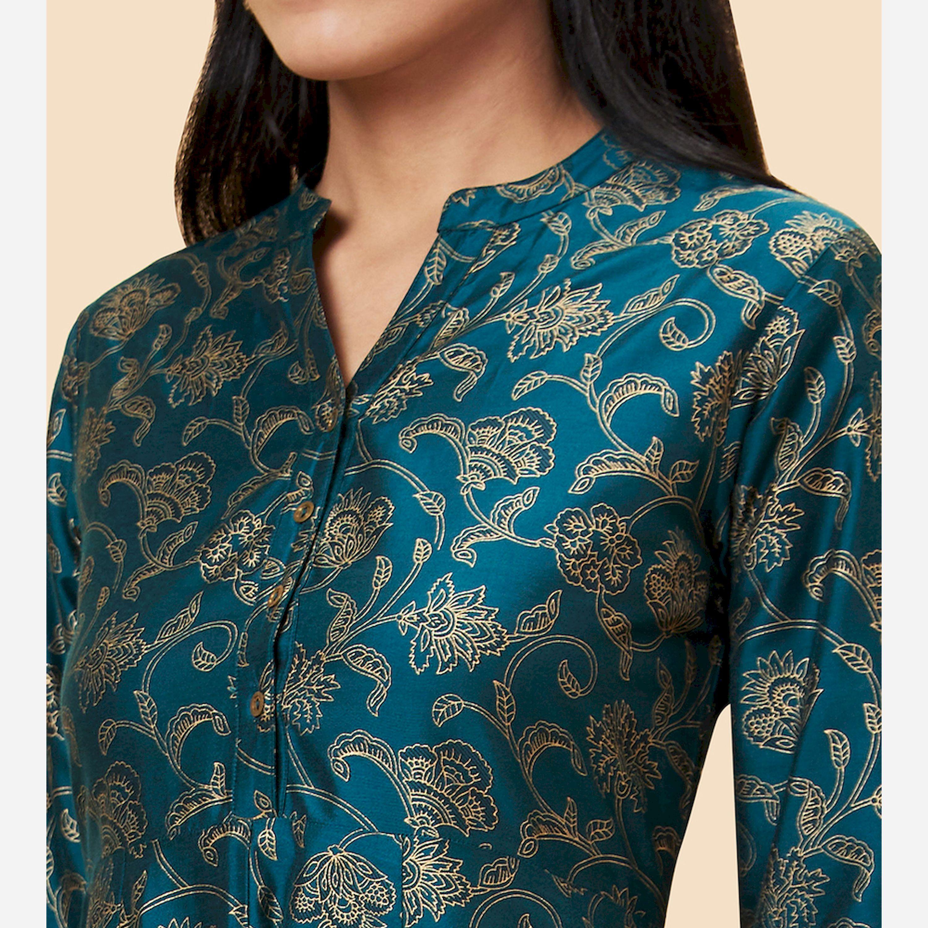 Globus X Styli All-Over Print Mandarin Collar A-Line Kurta-women-clothing-ethnicwear-kurtas-image-5