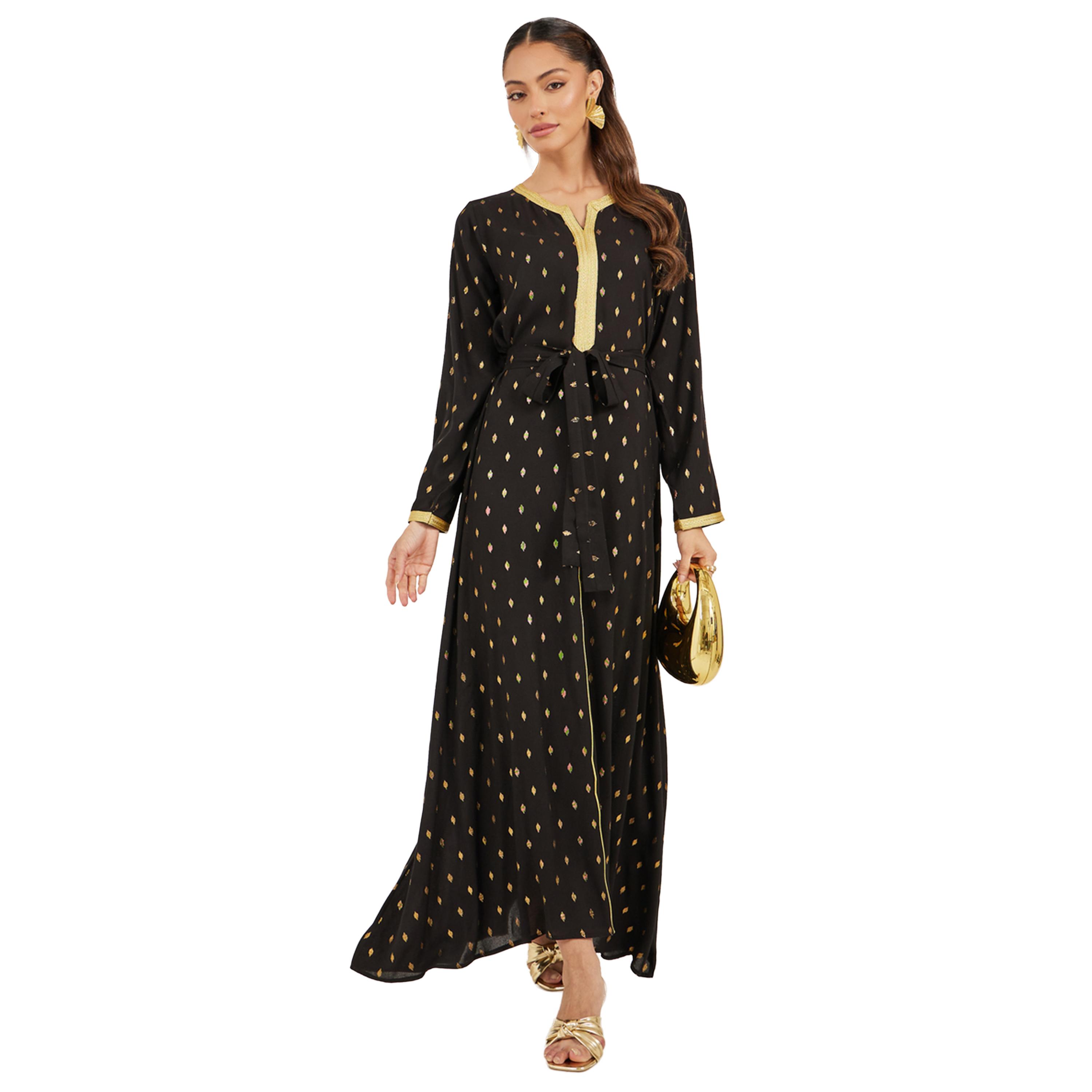 ستايلي - جلابية من الساتان بتفاصيل دانتيل وطبعة فويل مع حزام-women-arabicclothing-jalabiyas-image-1