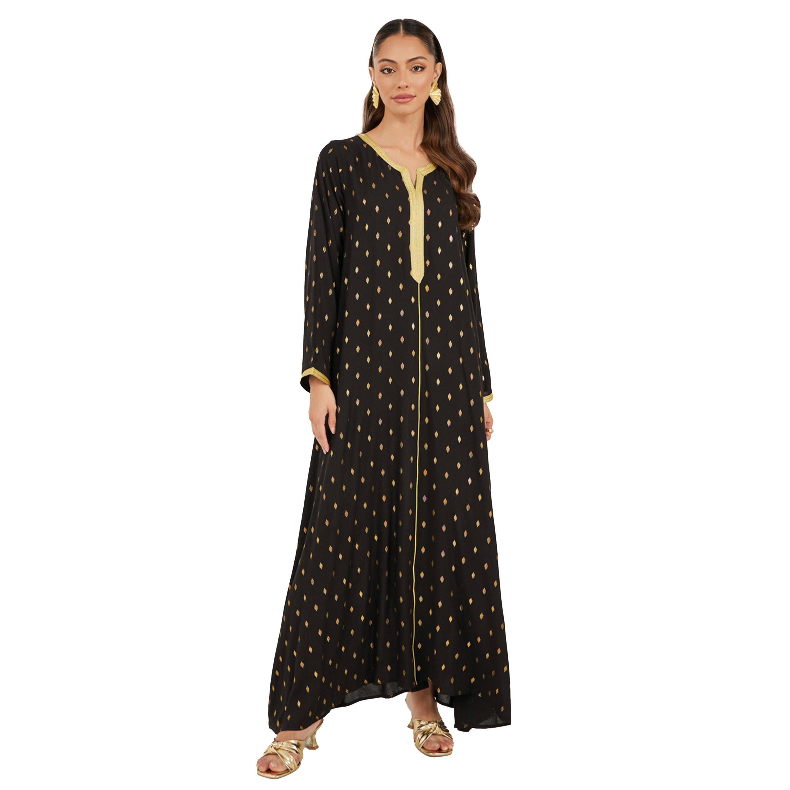 Styli Foil Print Lace Detail Satin Jalabiya with Belt-women-arabicclothing-jalabiyas-image-2