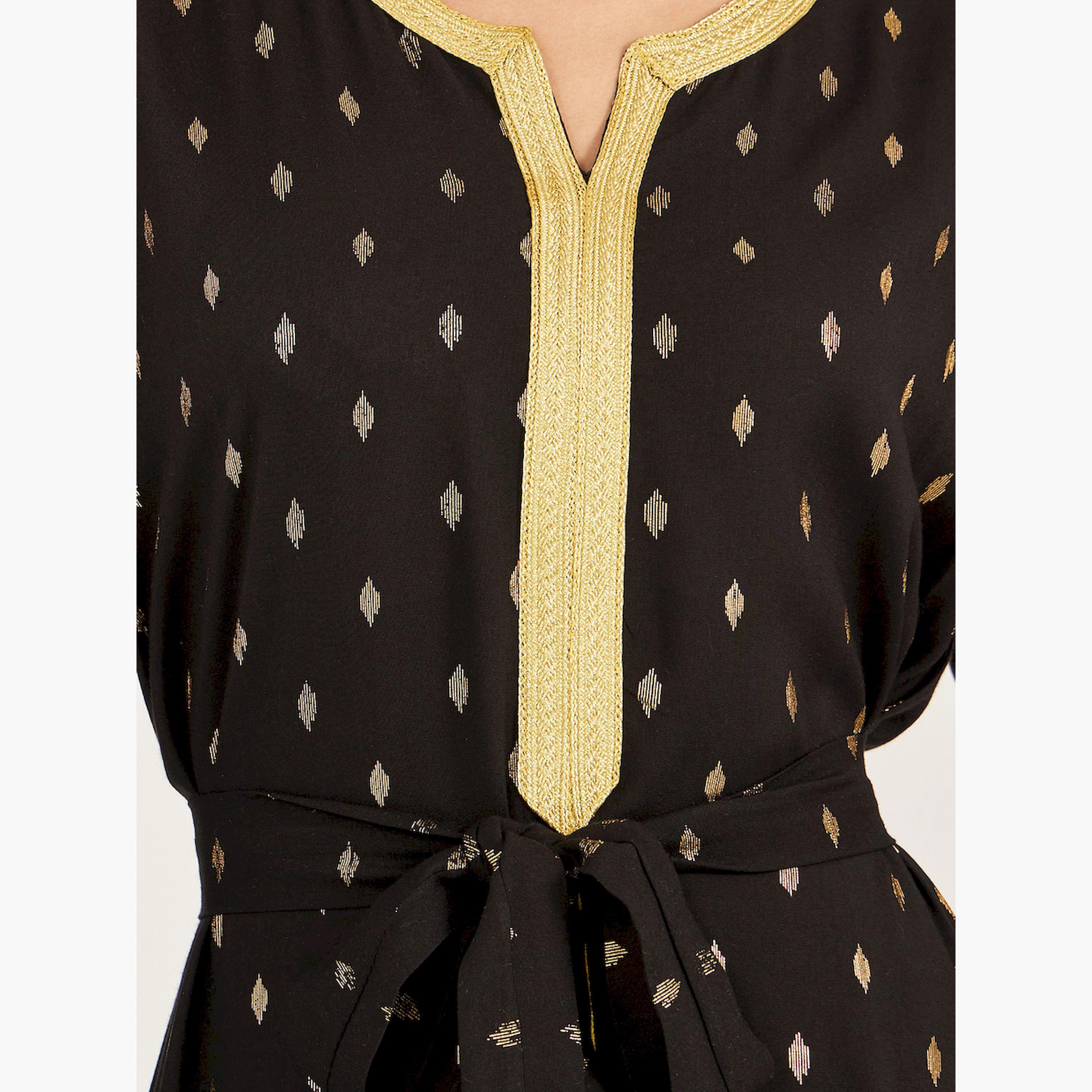 Styli Foil Print Lace Detail Satin Jalabiya with Belt-women-arabicclothing-jalabiyas-image-4
