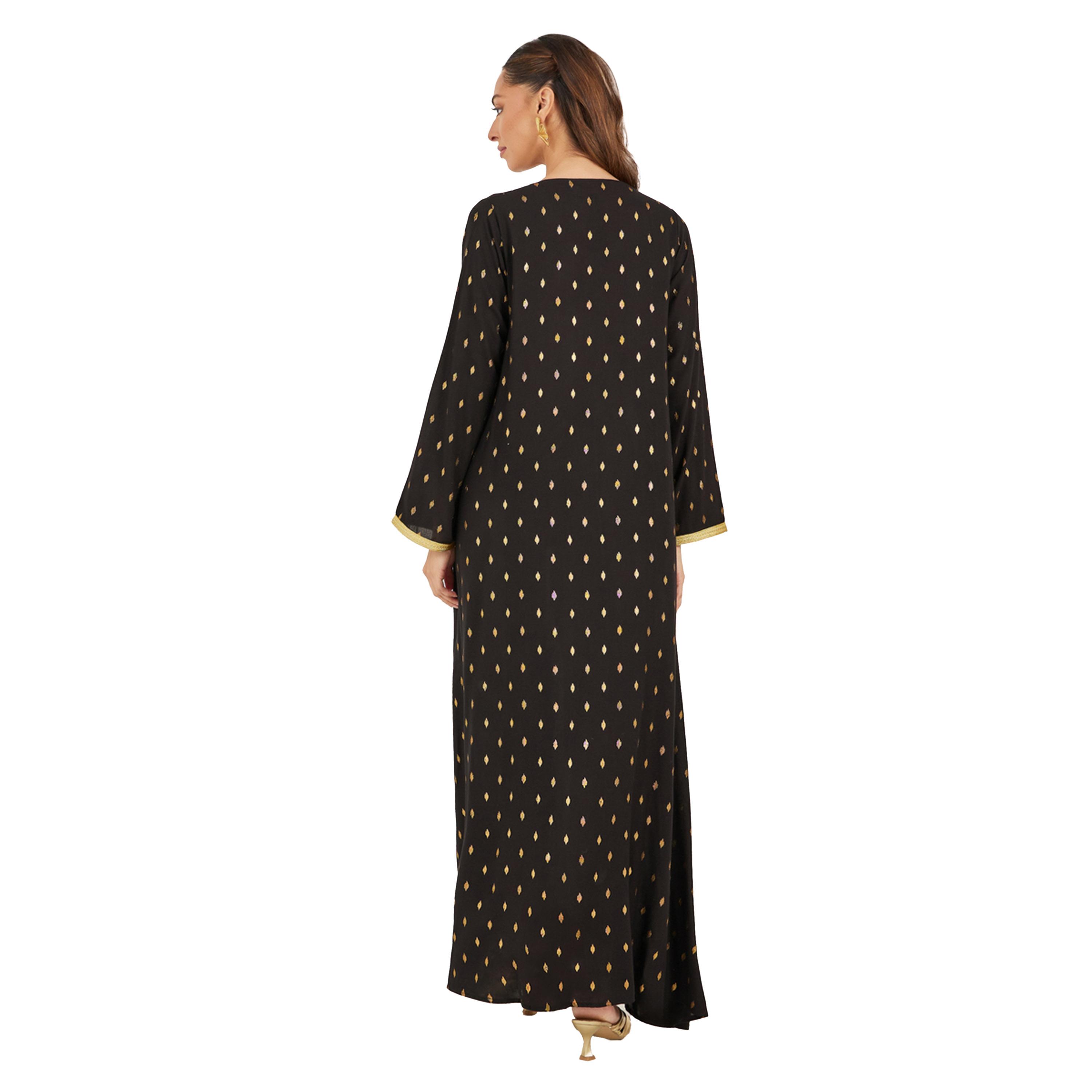 ستايلي - جلابية من الساتان بتفاصيل دانتيل وطبعة فويل مع حزام-women-arabicclothing-jalabiyas-image-5